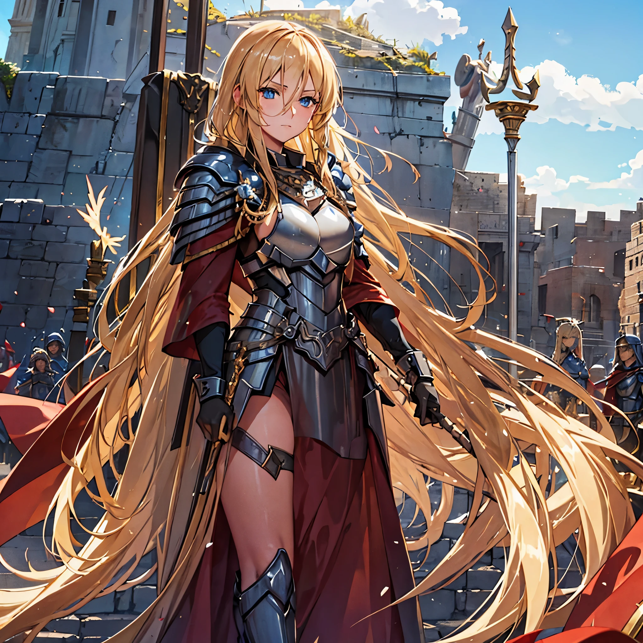 A woman with long blond hair, with blue eyes, wearing armor, wearing a centurion's helm, with a red cape, outside a Roman colisseum
