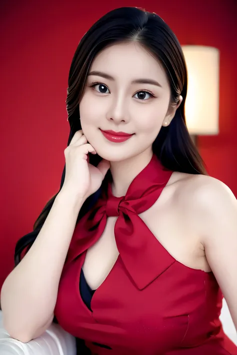 (top quality、8k、masterpiece:1.3))、30-year-old Korean woman，sharp focus, High level of image quality, high resolution，facial focus，Portrait ID photo，Upper body photo。Draw lips correctly, red lipstick，Green suit，Green bow tie，，Wearing red flowers on chest，。w...