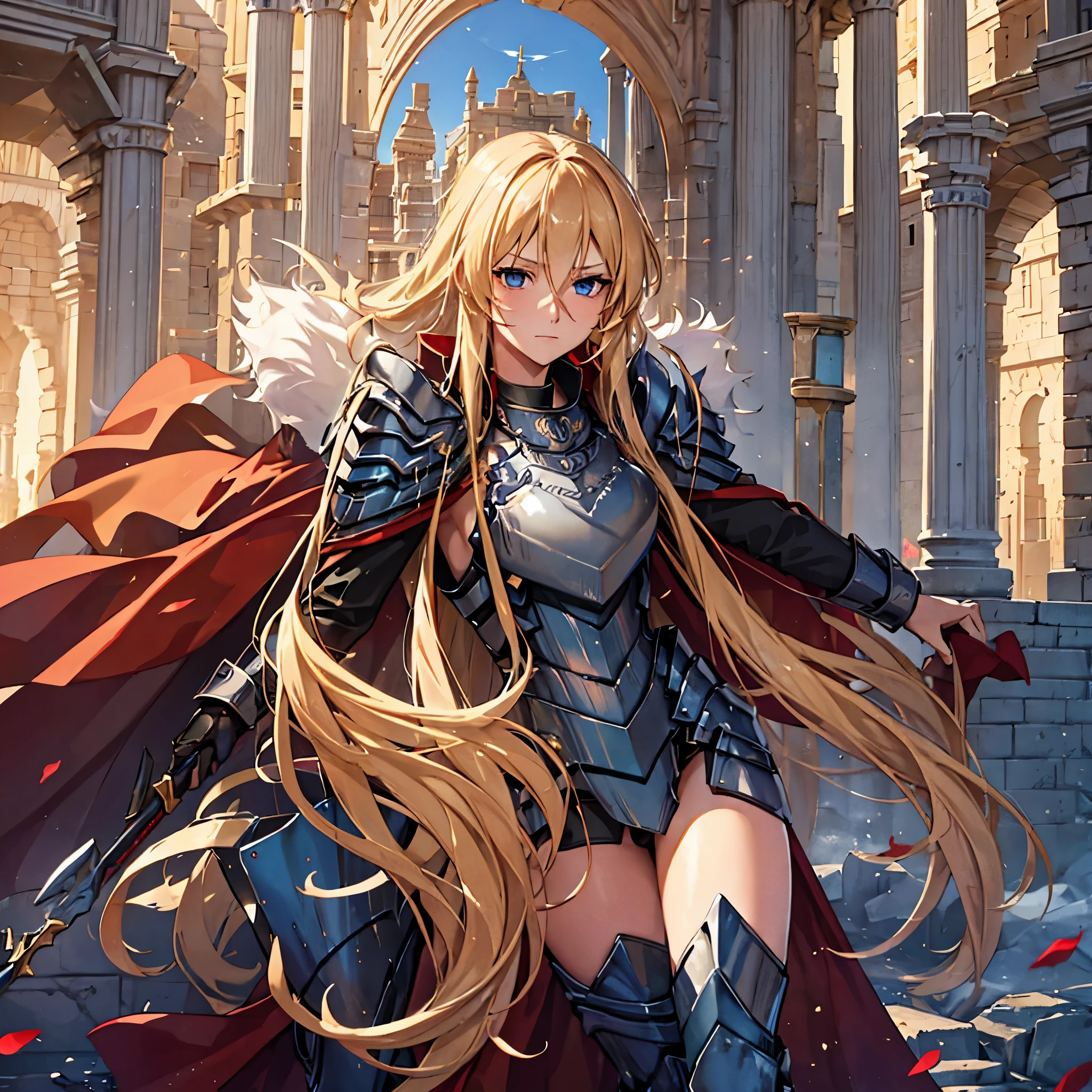 A woman with long blond hair, with blue eyes, wearing armor, wearing a centurion's helm, with a red cape, outside a Roman colisseum
