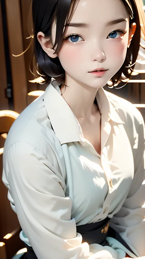 highest quality, (dramatic lighting:0.7), masterpiece, high angle shot, raw photo of (short pale hair:1.5、 16 year old female, l...