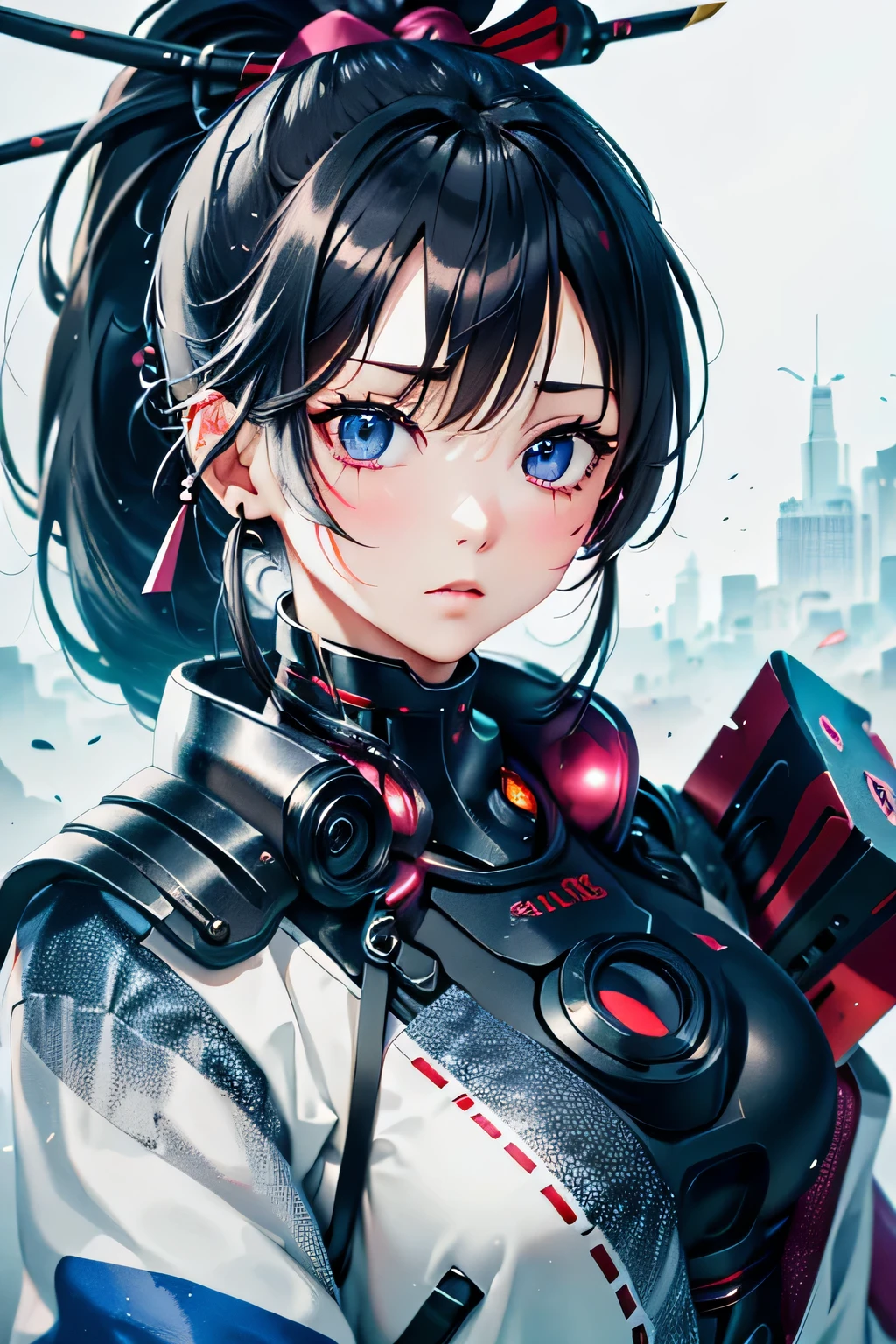 (colorful、most detailed 、highest quality, masterpiece, High resolution、black eyepatch、ponytail、A female samurai whose body is made of a machine...、alone、serious expression)、(((A city full of machines)))、(((see the whole body)))、((Super detailed)), (Detailed CG illustration), ((very delicate and beautiful)),