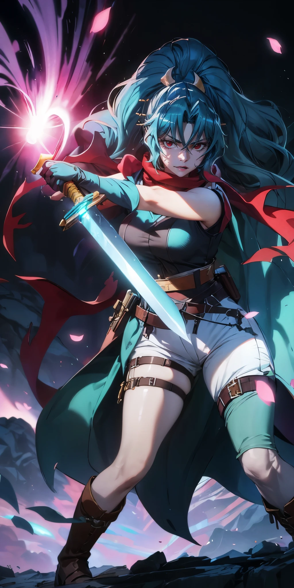 tomoe, aqua hair, long hair, ponytail, red scarf, hair between eyes, curvy, huge breasts, anatomically correct,  breasts, epic art, fantasy, 1girl, weapon, scarf, sword, red_eyes, red_scarf, sleeveless, solo, thigh_strap, black_hair, pants, gloves, holding, boots, belt, petals, looking_at_viewer, holding_weapon, sheath, fingerless_gloves, white_pants, shiny_hair, breasts, bangs, "glow effects, godrays, Hand drawn, render, 8k, octane render, cinema 4d, blender, dark, atmospheric 4k ultra detailed, cinematic, Sharp focus, big depth of field, Masterpiece, colors, 3d octane render, 4k, concept art, trending on artstation, hyperrealistic, Vivid colors, extremely detailed CG unity 8k wallpaper, trending on CGSociety, Intricate, High Detail, dramatic"