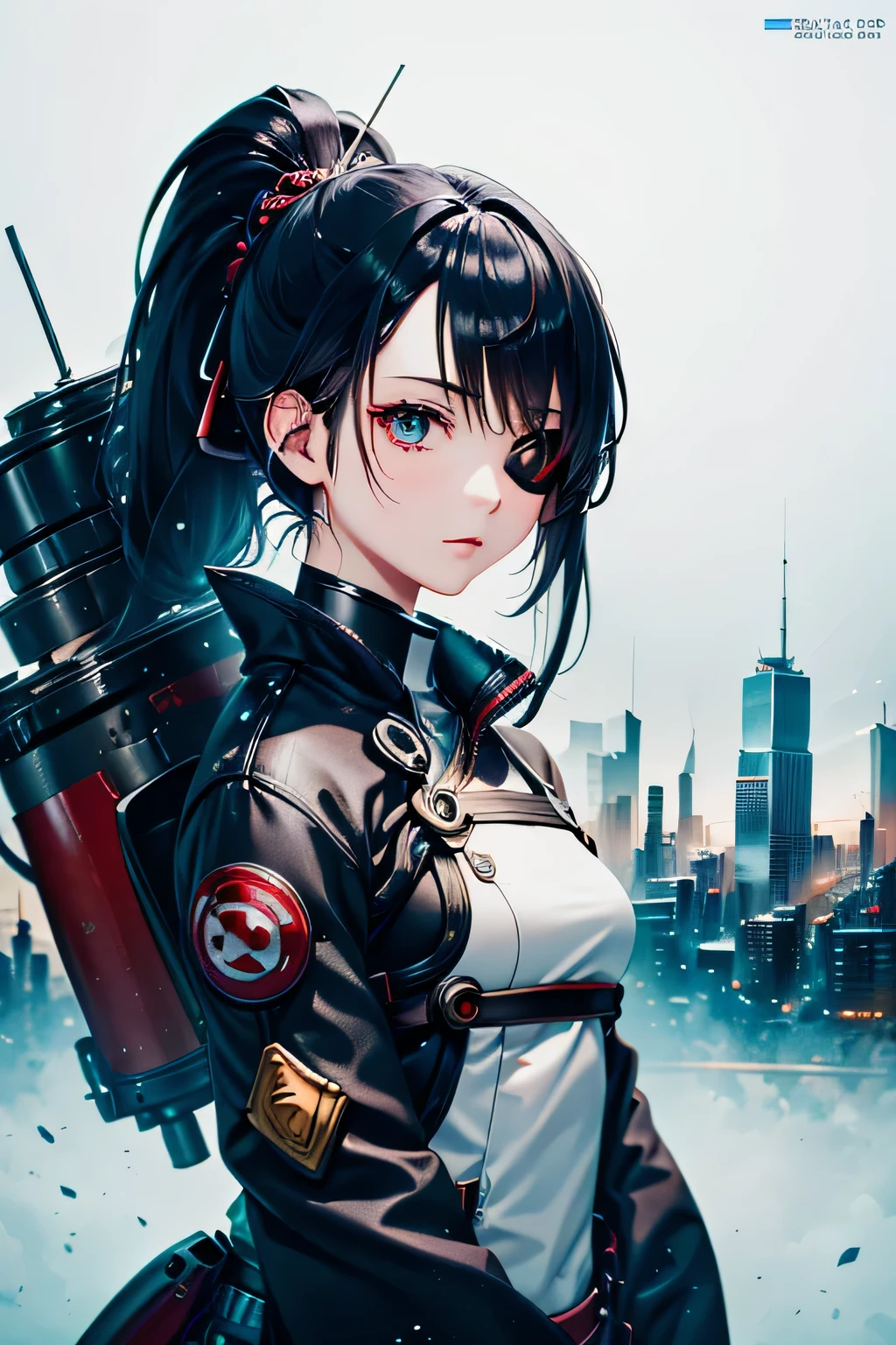 (colorful、most detailed 、highest quality, masterpiece, High resolution、eye patch、ponytail、A female samurai whose body is made of a machine...、alone、look at me)、(((A city full of machines)))、(((see the whole body)))、((Super detailed)), (Detailed CG illustration), ((very delicate and beautiful)),