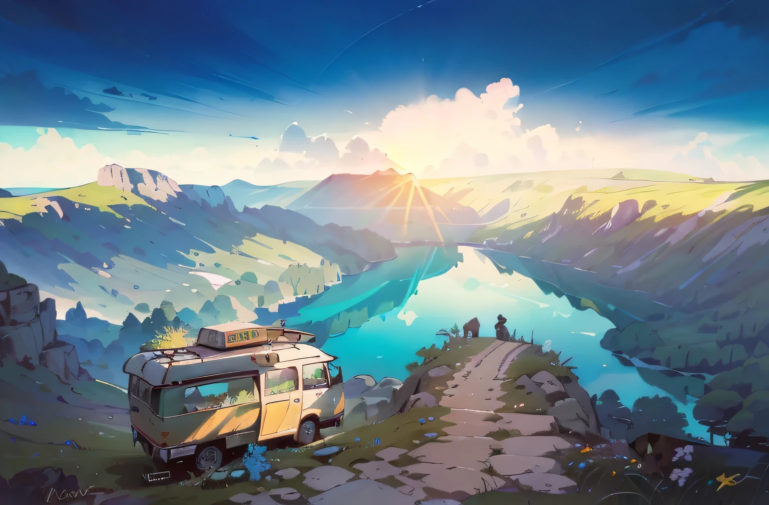 (Masterpiece, Best quality, High quality, A high resolution:1.4), Extremely detailed, 4K, Outdoors, hills, caravan, coffee van, Nature, lake, crater, Grass, A plant, Caustics, bright sun, , strong sunlight，rock hills，((bird's eyes view))，Fantasy video game, turquoise lake, (forest), flowers, 8K, high quality