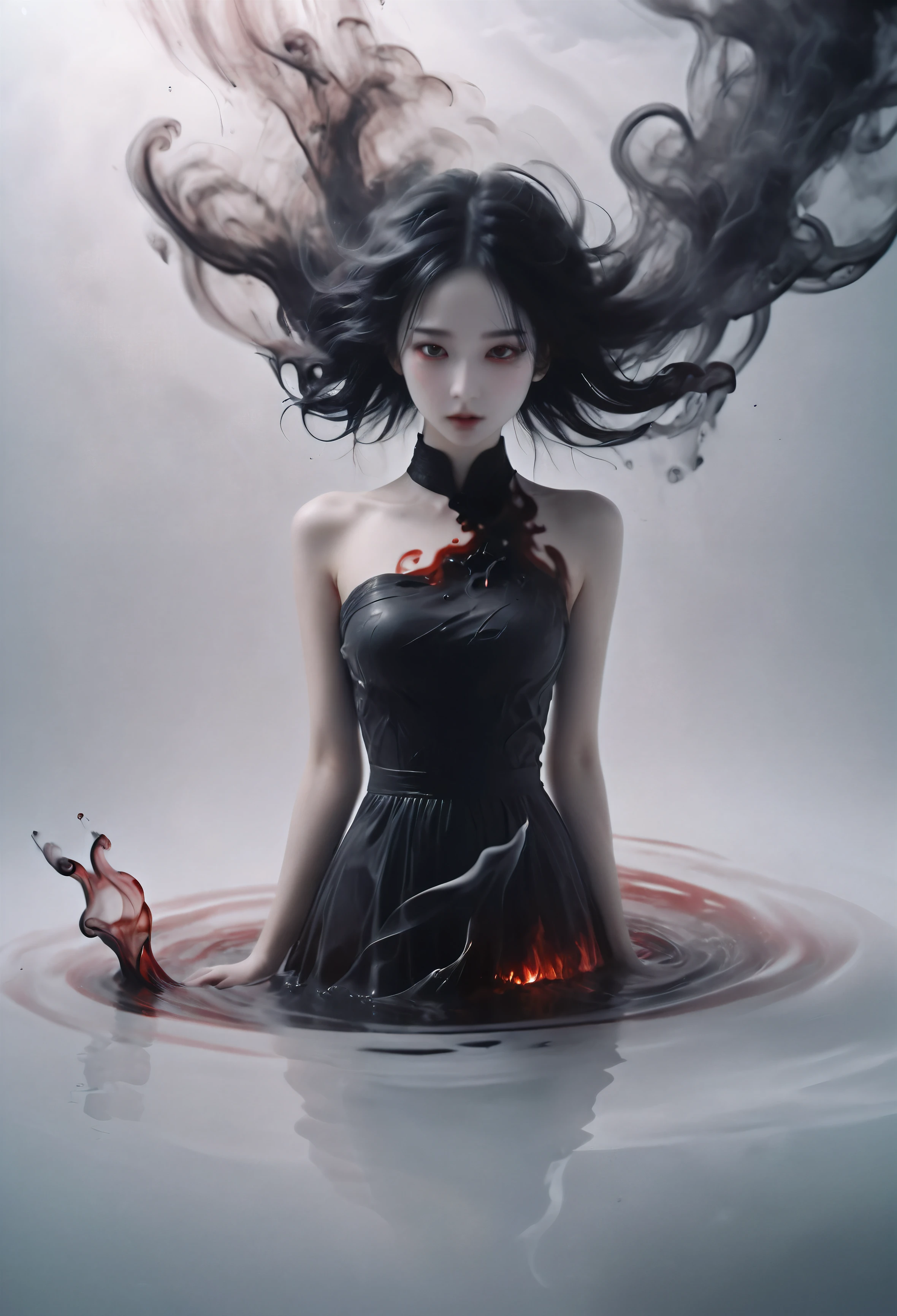 bailing_dark，A girl made up of black smoke，1 Long-haired girl，Some long hair flows naturally，turn into smoke，Have clear and beautiful facial features，The students are all red，cold expression，girl floating among water ripples，The background is pure white space，cigarette
