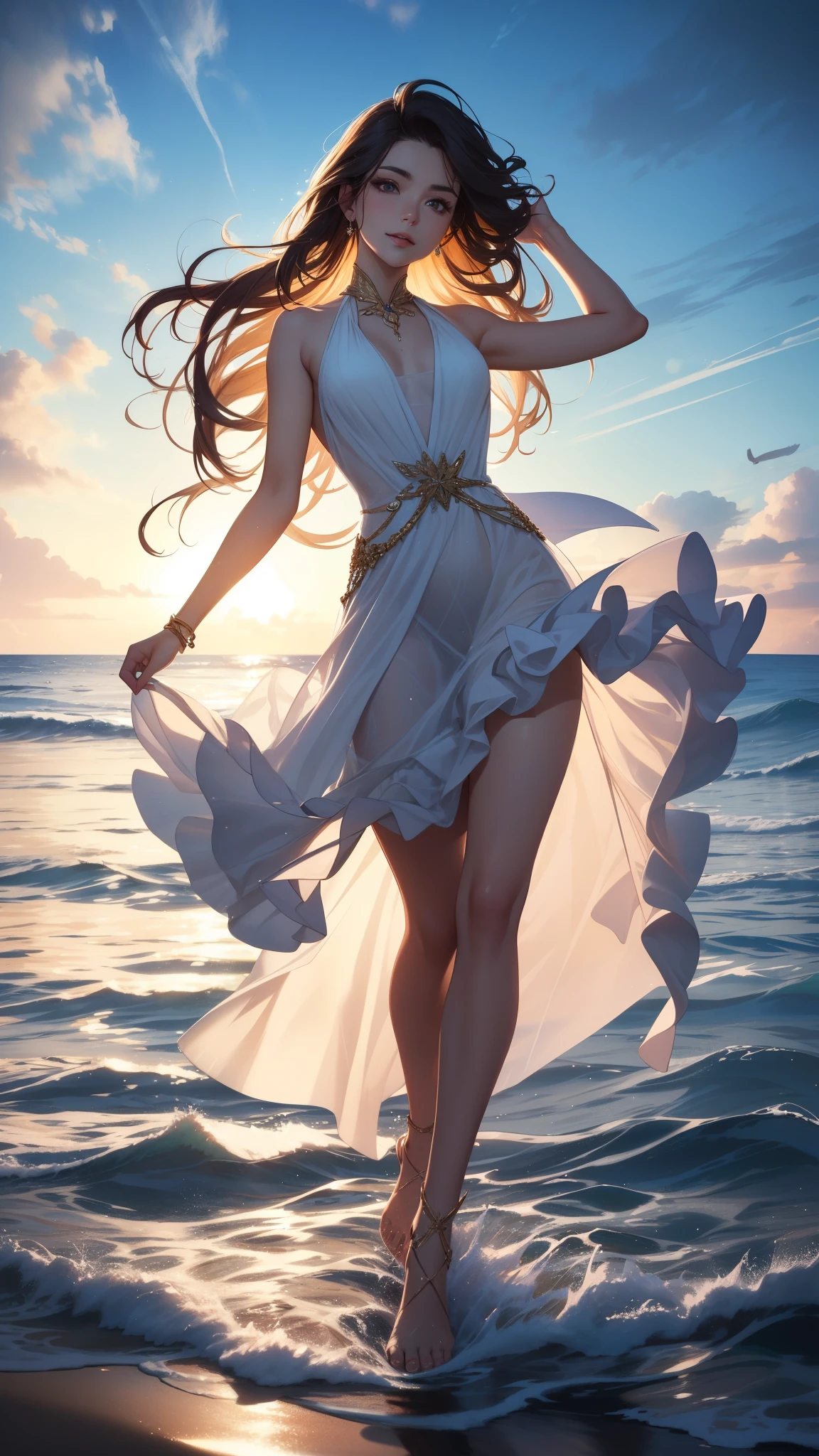 (best quality,4k,8k,highres,masterpiece:1.2),ultra-detailed,(realistic,photorealistic,photo-realistic:1.1),portraits,colorful,soft lighting,dreamy,flowing dress, smiling, (a girl Dancing on the Sea Surface), Dancing, full body, water reflections,emotion,graceful movement,endless horizon, serene atmosphere,gentle waves,blissful expression,wind-blown hair,seamless integration of elements,smooth and flawless skin,sparkling eyes,fantastical setting,aesthetic elegance,poetic symmetry, By the beach