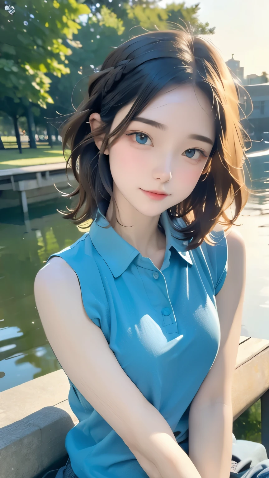 highest quality, realistic, 8K, High resolution, full color, 1 girl, woman, 20 years old woman, (closed mouth:1.73), (skin dents), (portrait:0.6), wood, park bench, dawn, ((park background:1.52)), full color, ((sleeveless blue shirt:1.58)), looking at the viewer:1.8, (1 girl eyes looking at the viewer:1.55), (medium hair, brown hair, parted hair:1.45), (Bokeh), 