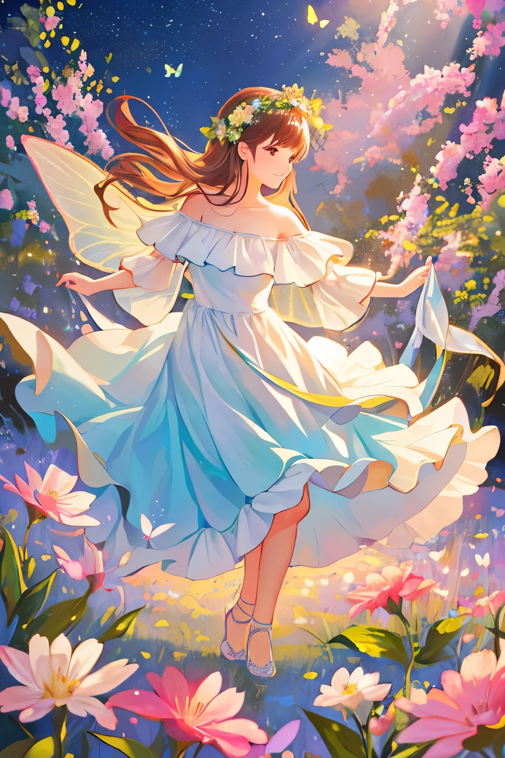 (best quality,4k,8k,highres,masterpiece:1.2),ultra-detailed,(realistic,photorealistic,photo-realistic:1.37),colorful,surreal,fairy,forest,fairytale,dreamy,pastel,dancing,flowers,enchanted,ethereal,graceful,magical,delicate,motion,serene,harmony,golden sunlight,whimsical,sparkling,soft,gentle,glowing,transparent,harmonious,nature,beauty,peaceful,mystical,light,air,transcendent,butterflies,vibrant,playful,floating