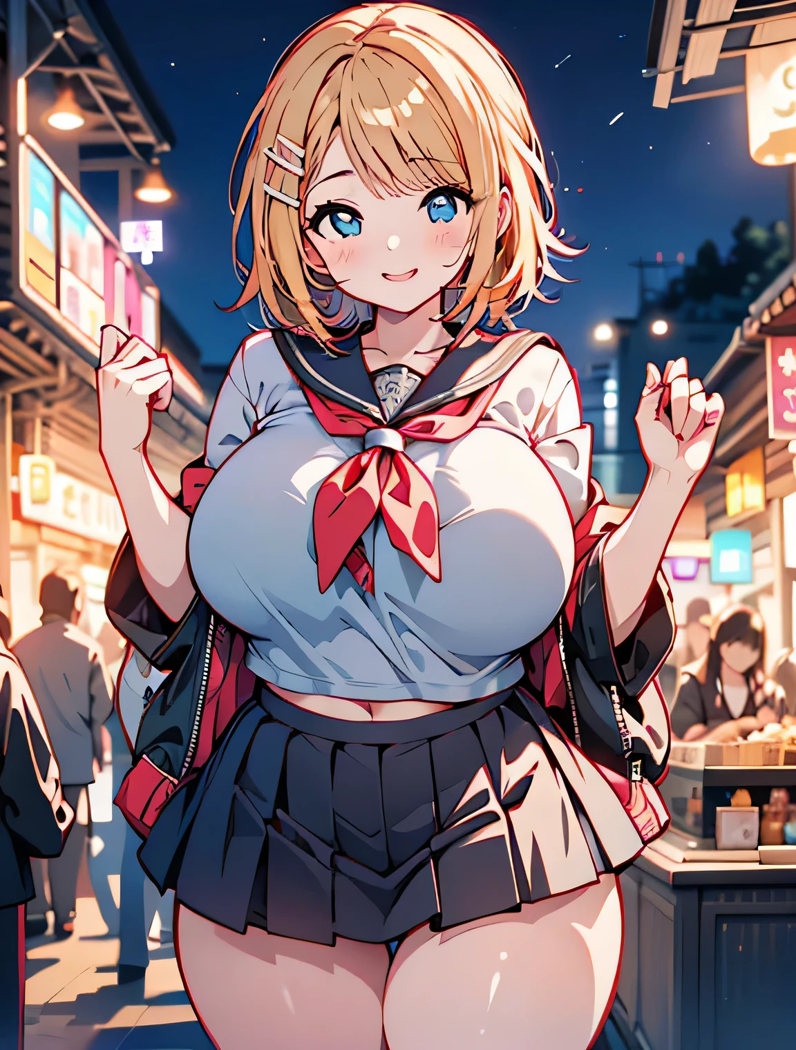 Erotic Anime Illustration、High resolution、A voluptuous high school girl who seduces herself at the night outdoor market、lovelive、beautiful eyes、Kagamine rin、sailor suit、pleated skirt、ecstatic expression、Overwhelming huge breasts that go beyond common sense、thick legs with fat、perfect proportions