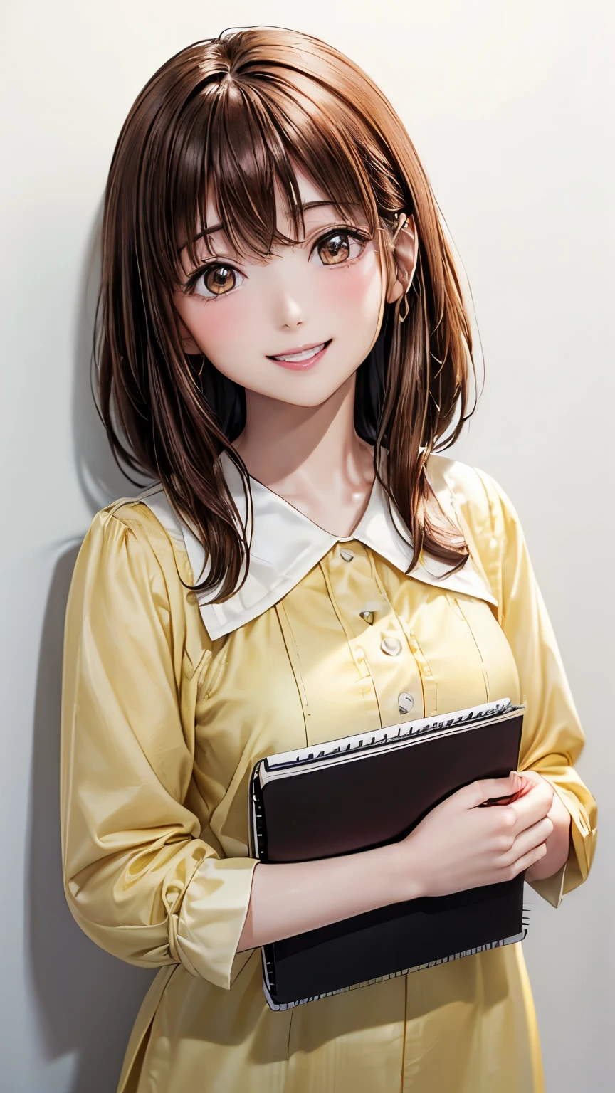 (((pure white wall background)))、(((8K、best image quality)))、(((I&#39;m a secretary)))、(((I have a notebook)))、(((brown hair)))、(((medium hair)))、(((wearing a light yellow blouse)))、(((I&#39;m smiling)))、(((Teeth are visible)))、(((Are standing)))、