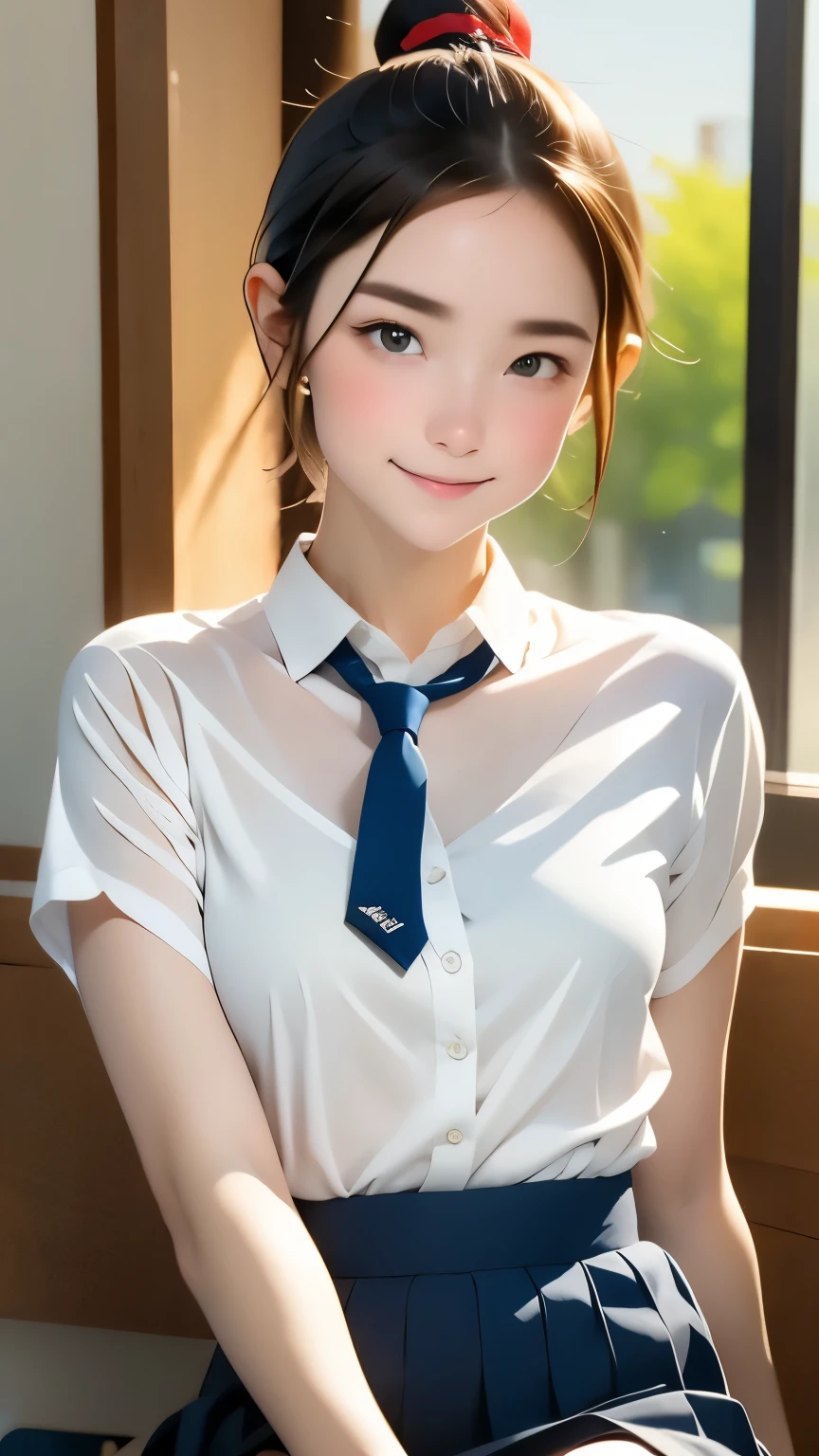 (table top, highest quality:1.2), 8K, 18-year-old, 85mm, official art, Raw photo, absurd, white dress shirt, cute face, close, Upper body, viola lace, gardenia, beautiful girl, , (navy pleated skirt:1.1), Cinch West, thighs, short sleeve, classroom, ponytail、short hair、short hair、sit on a bench seat, looking at the viewer, no makeup, (smile:0.4), film grain, chromatic aberration, sharp focus, face light, clear lighting, teen, detailed face, background bokeh, (dark red tie:1.1)、日本の学校のclassroom、classroom
