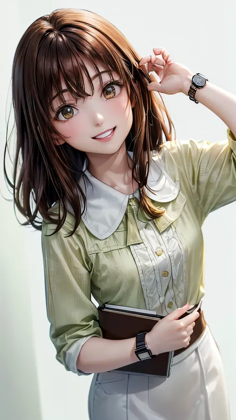 (((pure white wall background)))、(((8K、best image quality)))、(((I&#39;m a secretary)))、(((I have a notebook)))、(((brown hair)))、...