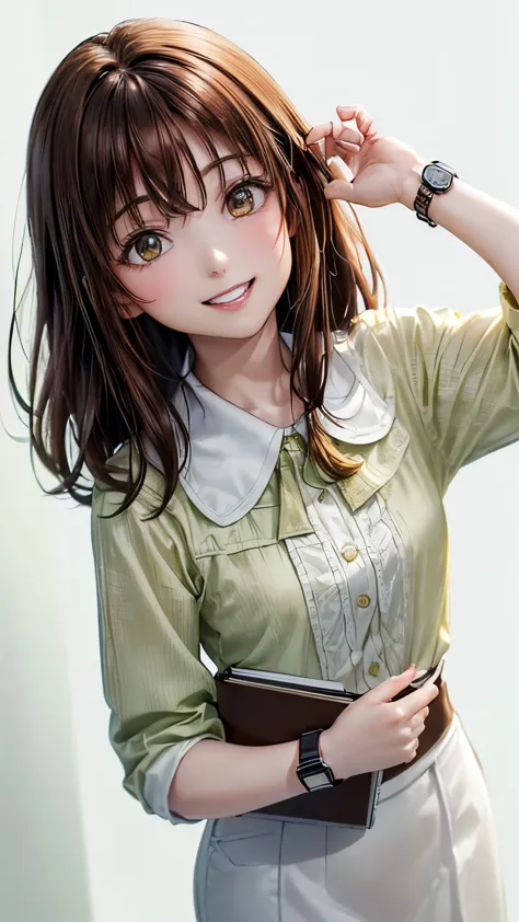 (((pure white wall background)))、(((8k、best image quality)))、(((i&#39;m a secretary)))、(((i have a notebook)))、(((brown hair)))、...