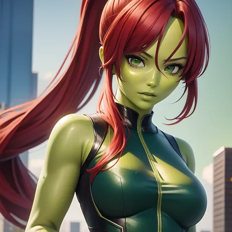 (masterpiece, best quality:1.2), 1girl, solo, ((green skin:1.4)), red hair, bodysuit, sexy, deadly.