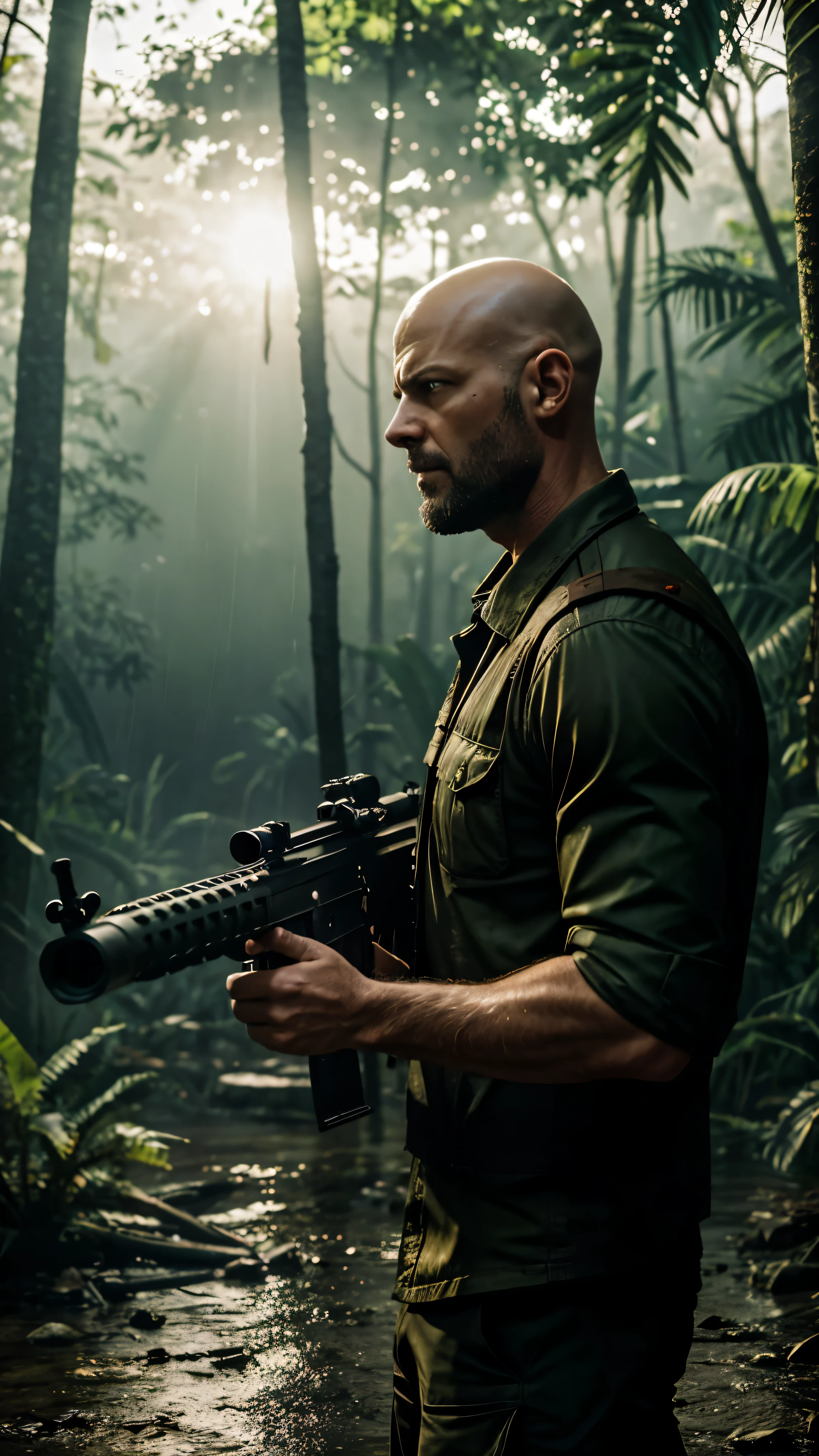 Create a 16K render of bald Max Payne firing an m4 assault rifle at enemies in Max Payne 3. Set in the jungle of São Paulo. Adicione fogo de boca e leve reflexo de lente. Fotorrealista, extremamente detalhado adiciona chuva e reflexos e manchas de sangue. Make it dramatic and epic. Add wild trees and wildlife to the image. Efeito DSLR. Filtro de filme Kodak. Film noise and grain.