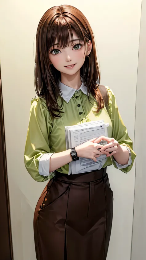 (((pure white wall background)))、(((8K、best image quality)))、(((I&#39;m a secretary)))、(((I have paperwork)))、(((brown hair)))、(...