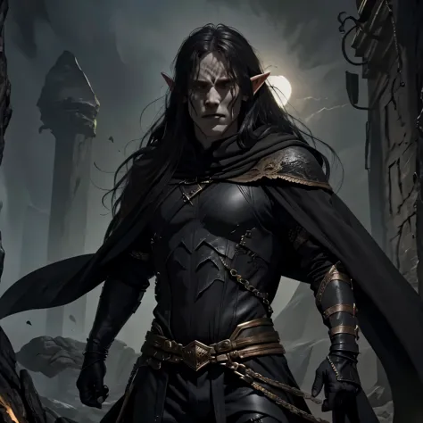 full body image of a menacing pale elf with a scar on his face that shows his teeth and jaw with long black hair wearing black l...