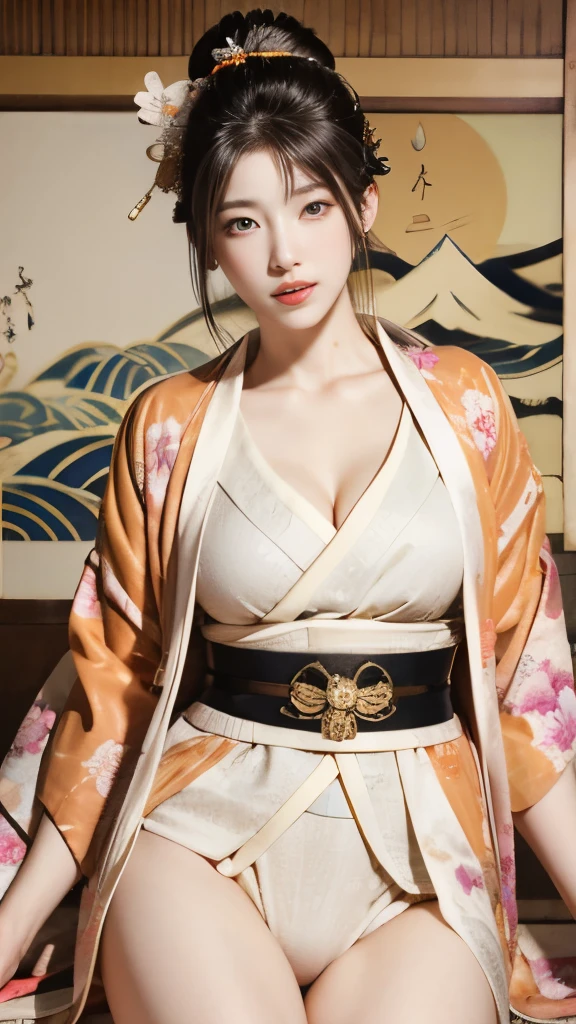 (masseter membrane、calidad superior、estilo ukiyo-e、misterio、Exquisita y hermosa、arte oficial、sharaku:1.2)、(1 chica en:1.3)、(fractal art:1.3)、tiroteo vaquero、piel blanca、(bella morena、kimono:1.2)、Con el telón de fondo de las artes escénicas tradicionales japonesas.、rico y colorido、(carrete、Pertenece al estilo japonés.:1.2)、piel brillante、Abre tus piernas，Dedo de camello mostrando el muslo!!!、