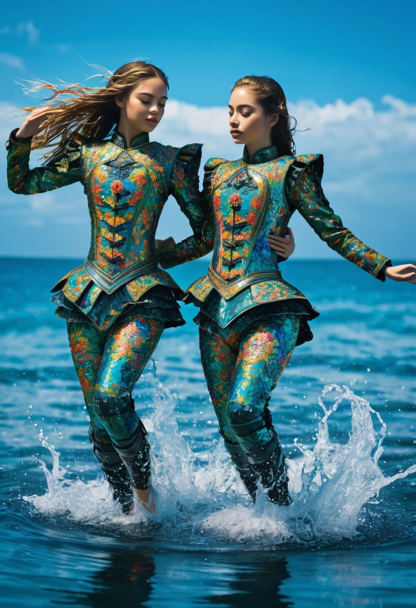 (masterpiece), 2 girls dancing on the water, floating, majestic, wearing a full body armor, ((intricate dress)), brocade, ocean, floating, majestic, (color pop), artistic, complex