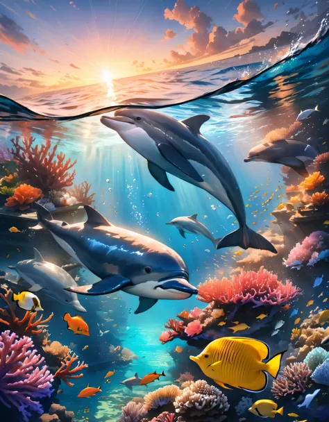 (best quality,4k,8k,highres,masterpiece:1.2),underwater dance,twirling waves,splashing foam,coral reef,tropical fish school,dancing sea kelp,sunset glow,moonlight shining,dolphin leaping out of water Medium:illustration Additional Details:dancing sea creat...