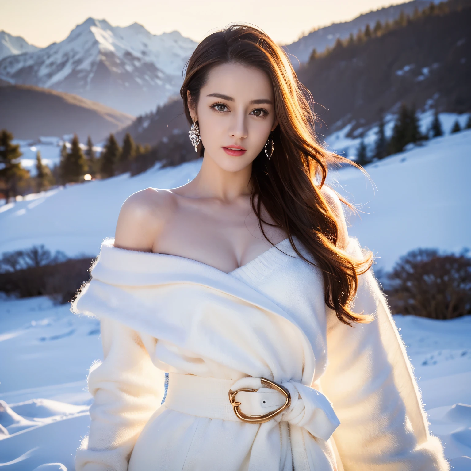 ((top quality、8k、​Masterpiece:1.3))、Extremely delicate and beautiful girl，full-body shot，huge breasts，bigger breasts，amazing breast size，G cup。Wear big earrings，Very white skin，moist red lips，Waist is very thin，Thighs are very thin，big butt，fair and smooth skin，Smooth and fair skin，flawless skin，Fair and shiny skin，cold white skin，The camera focuses on the chest，Bright light，white sweater，Lower body exposed，bare shoulders，light blonde hair，The hair is light blonde，Snow covers the ground，snow mountain，sunset，lake