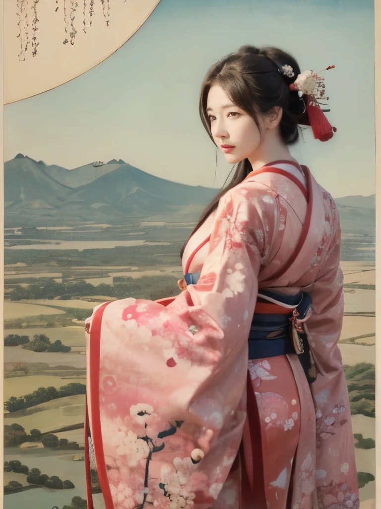 (fondo：Los cerezos en flor en la montaña están cubiertos de niebla)((Ukiyo-e))arte japonés,or period,arte de tokio, lirio,paisaje natural.(masseter membrane、calidad superior、estilo ukiyo-e、misterio、Exquisita y hermosa、arte oficial、sharaku:1.2)、(1 chica japonesa en:1.3)、(fractal art:1.3)、tiroteo vaquero、piel blanca、(bella morena、kimono:1.2)、以日本传统表演艺术为fondo、Vistoso、(carrete、Pertenece al estilo japonés.:1.2)、
