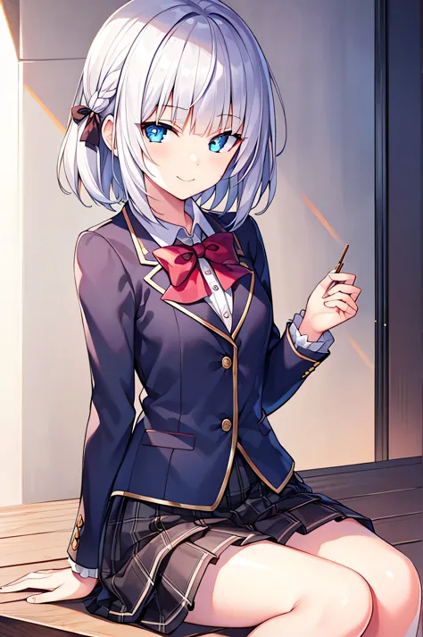 detectivelunch break, Smile, short hair, Bangs, blue eyes, shirt, hair accessories, long sleeve, skirt, bow, white hair, hairpin...