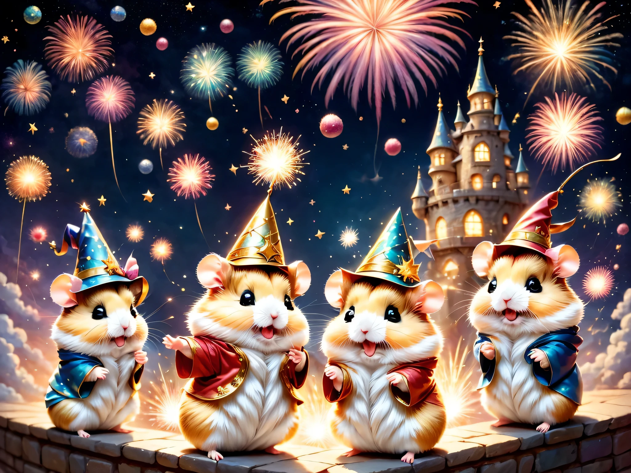 Sparkler,hamstania,festival,magic hamster party,((Hamster Wizard:great joy:raise your hand:open your mouth:jump:wizard&#39;s hat)),magic wand,,Wizard costume details:Colorful:draw a pattern with gold and silver,celebration,((空にはたくさんのSparklerがあがりました:Colorful)),,,castle balcony,lots of stars,about,Beautiful light effect,,masterpiece,highest quality,fluffy hamster,Chibi,cute,fun,happiness,,magic light,,Fantastic,Colorfulな空の詳細,anatomically correct,all the best,,Little hamster,最高にcuteハムスター，fantasy,randolph caldecott style,enlightenment,watercolor painting,