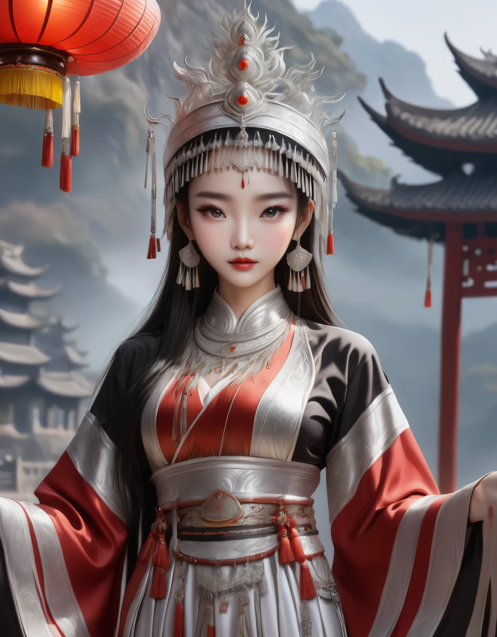 (obra maestra，alta calidad，8K).Asombroso,Inspirado en los mitos y leyendas de Guilin., China:Liu Sanjie，La chica china más bella y hermosa.，Reina，detalles de la piel，Ojos brillantes，Pestañas finas，Único，mirar al espectador），（Miao：1.5，joyería de plata：1.2，corona de sombrero de plata：1.5，borla de plata：1.37，collar de plata，textura plateada，brillo plateado），Parte superior del cuerpo，mangas largas，（ropa étnica oscura，Falda larga：1.2，cintura，Detalle de tela de lino negro y rojo.，Características de la ropa Miao.，tótem），