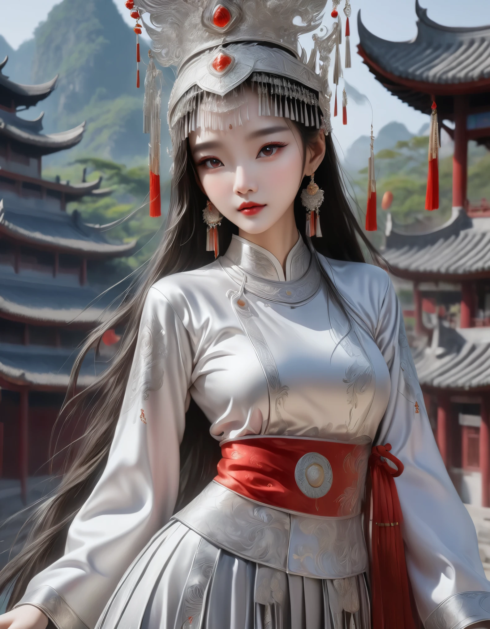 (masterpiece，high quality，8K).amazing,Inspired by the myths and legends of Guilin, China:Liu Sanjie，The most beautiful beautiful Chinese girl，Queen，Skin details，Bright Eyes，Fine lashes，unique，Gaze at the viewer），（Miao：1.5，silver jewelry：1.2，silver hat crown：1.5，silver tassel：1.37，silver collar，Silver texture，silver luster），Upper body，long sleeves，（dark ethnic wear，long skirt：1.2，waist，Black and red linen fabric detail，Miao服饰特点，totem），