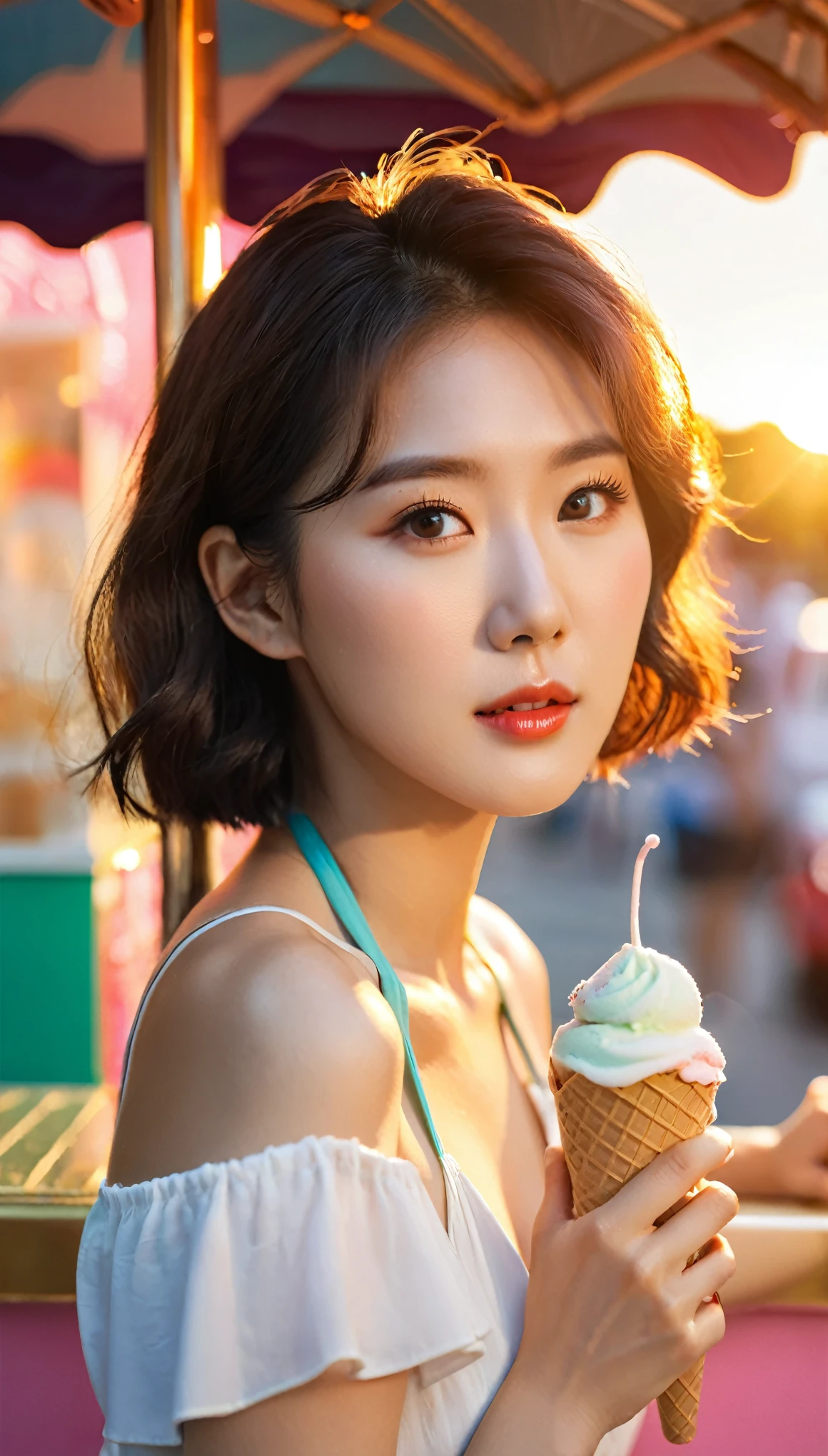 ภาพระยะใกล้ของผู้หญิงเกาหลีที่สวยงาม, ขนาดรอบอก 36 นิ้ว, ผมปานกลาง, สวมเสื้อคล้องคอถือไอศกรีม, นั่งอยู่ที่บูธไอศกรีม, แสงพระอาทิตย์ตก, พื้นหลังโบเก้ 