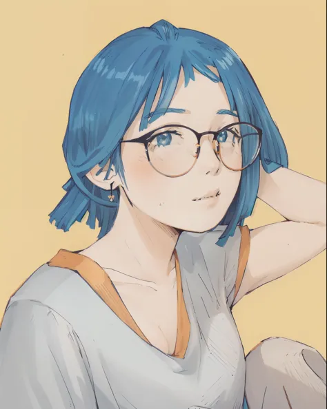 sam yang style (best quality:1.1), perfect anime illustration, detailed eyes, detailed face, a girl wearing glasses with blue ha...