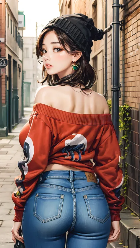 (best quality, masterpiece:1.2), perfect body, slim waist, large breasts, off-shoulder printed sweatshirt, beanies, jeans, back alley, vibrant