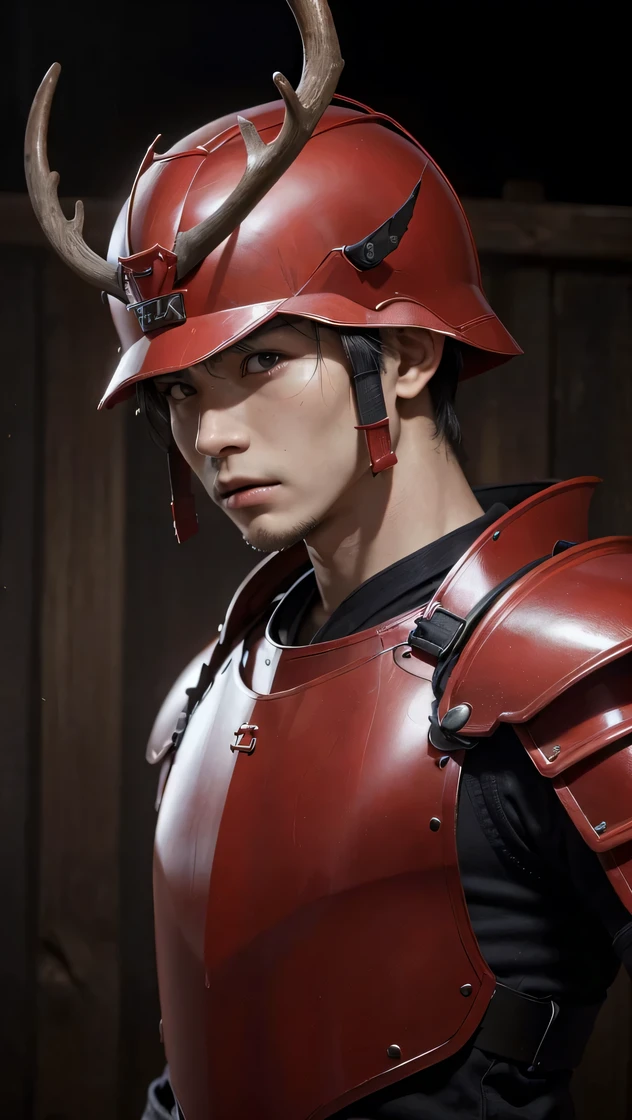 (8K, Raw photo, highest quality, High resolution:1.2), (realistic, photo-realistic:1.37) , Japanese male, Japanese, alone, 1 boy, Letterboxed, kabuto, Red Helmet, arms, alone, red Japanese armor, red armor, branch angle, 1 boy, male focus, warrior, beautiful eyes
