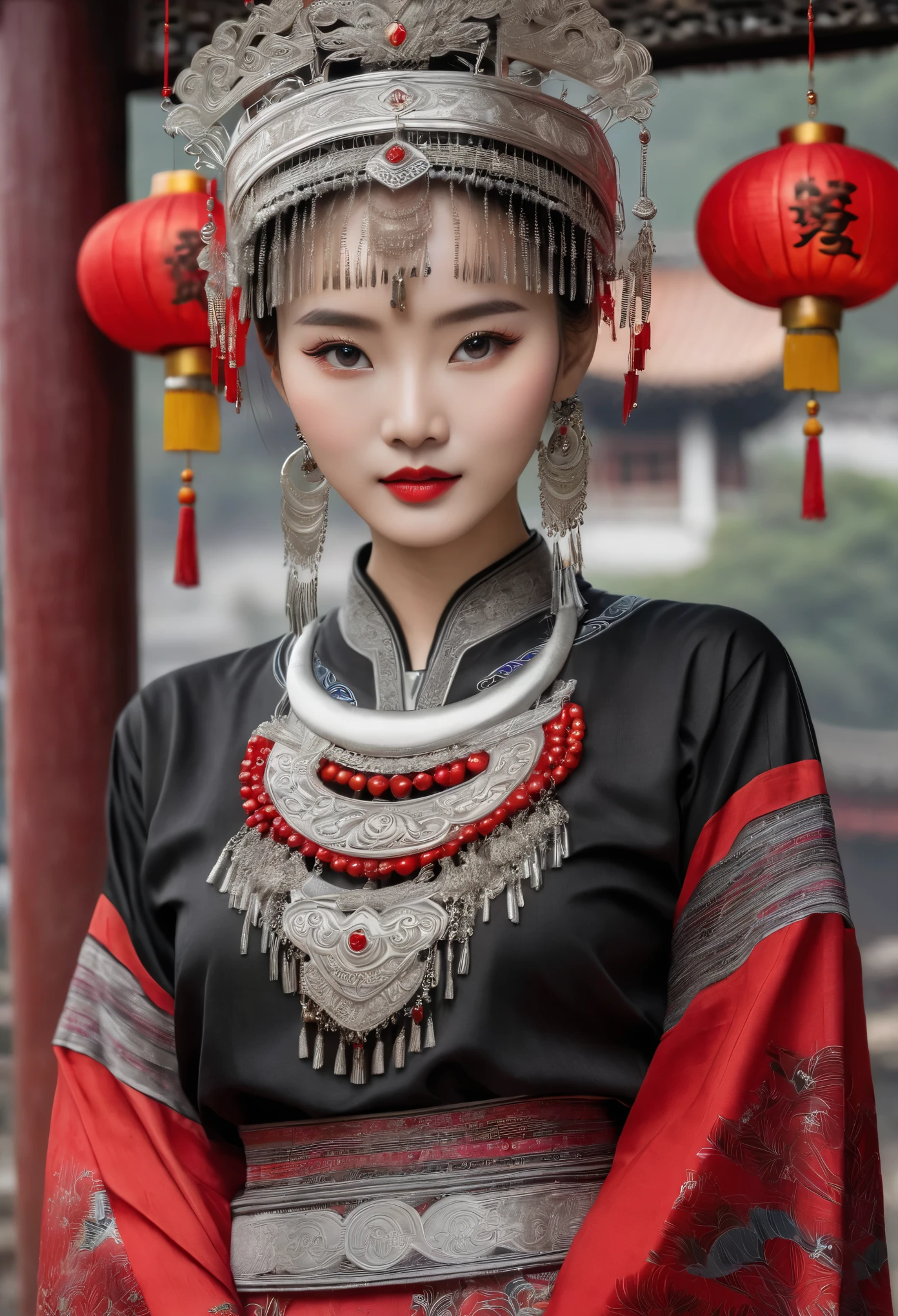 (masterpiece，high quality，8k).beautiful chinese girl，Skin details，Bright Eyes，Fine lashes，unique，Gaze at the viewer，miao，silver jewelry，Silver crown，silver tassel，Upper body，long sleeves，dark ethnic wear，long skirt：1.2，Black and red linen fabric detail，miao服饰特点，totem