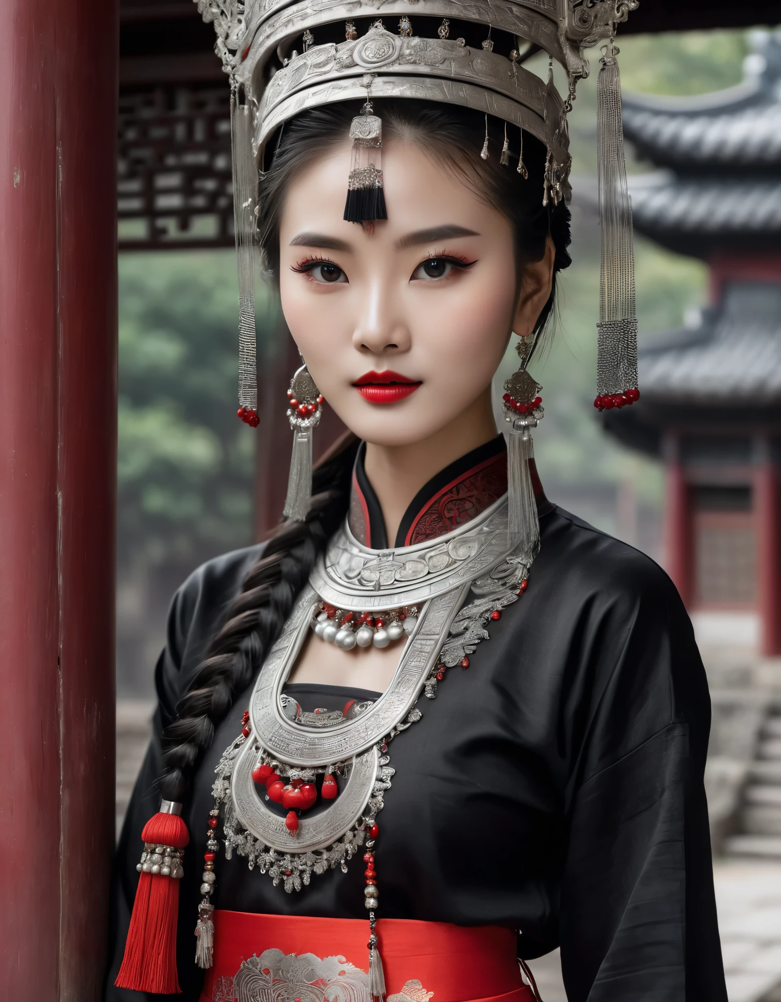 (masterpiece，high quality，8k).beautiful chinese girl，Skin details，Bright Eyes，Fine lashes，unique，Gaze at the viewer，miao，silver jewelry，Silver crown，silver tassel，Upper body，long sleeves，Sit in the doorway，dark ethnic wear，long skirt：1.2，Black and red linen fabric detail，miao服饰特点，totem，Background of ancient Chinese architecture