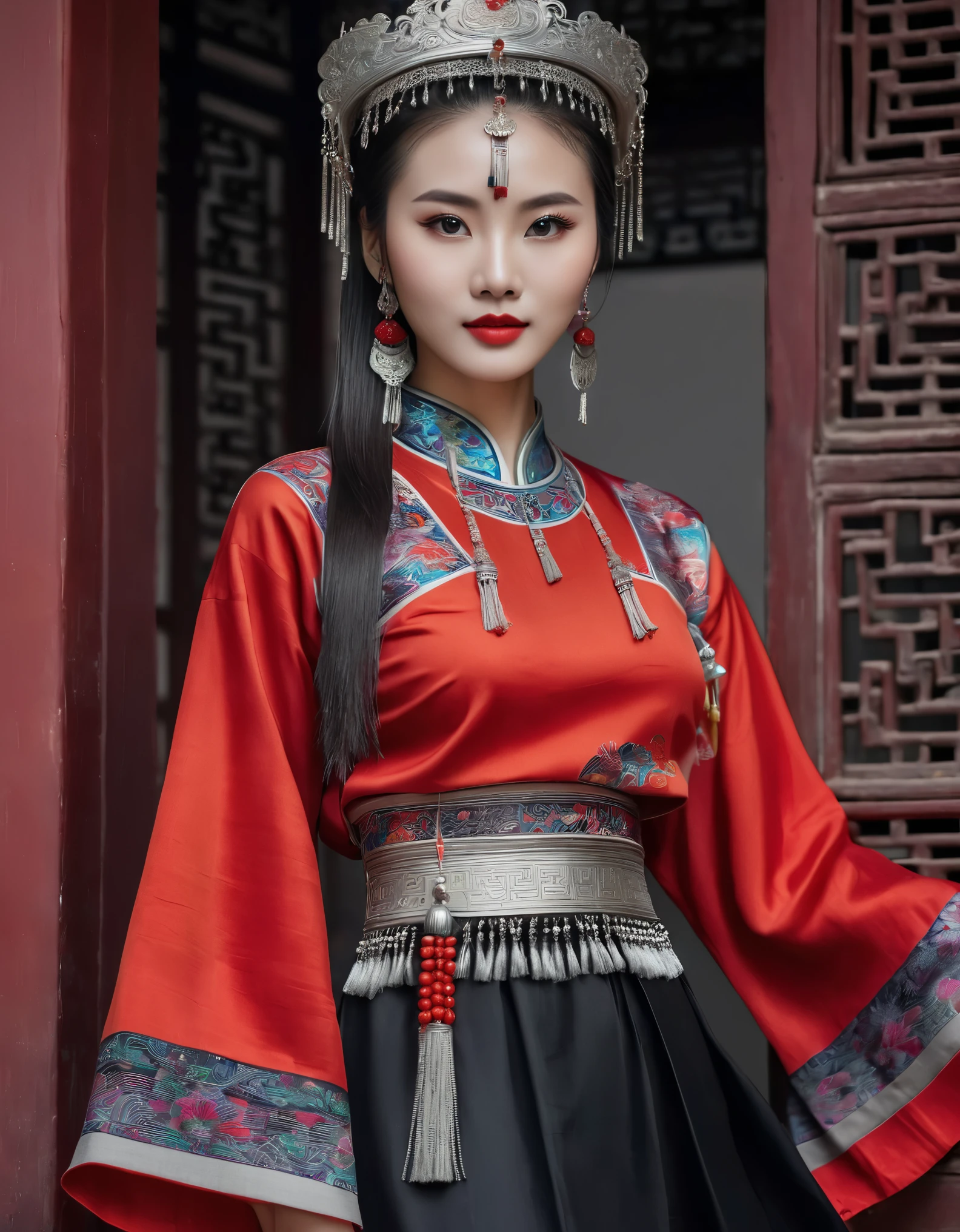 (masterpiece，high quality，8k).beautiful chinese girl，Skin details，Bright Eyes，Fine lashes，unique，Gaze at the viewer，miao，silver jewelry，Silver crown，silver tassel，Upper body，long sleeves，Sit in the doorway，dark ethnic wear，long skirt：1.2，Black and red linen fabric detail，miao服饰特点，totem，Background of ancient Chinese architecture