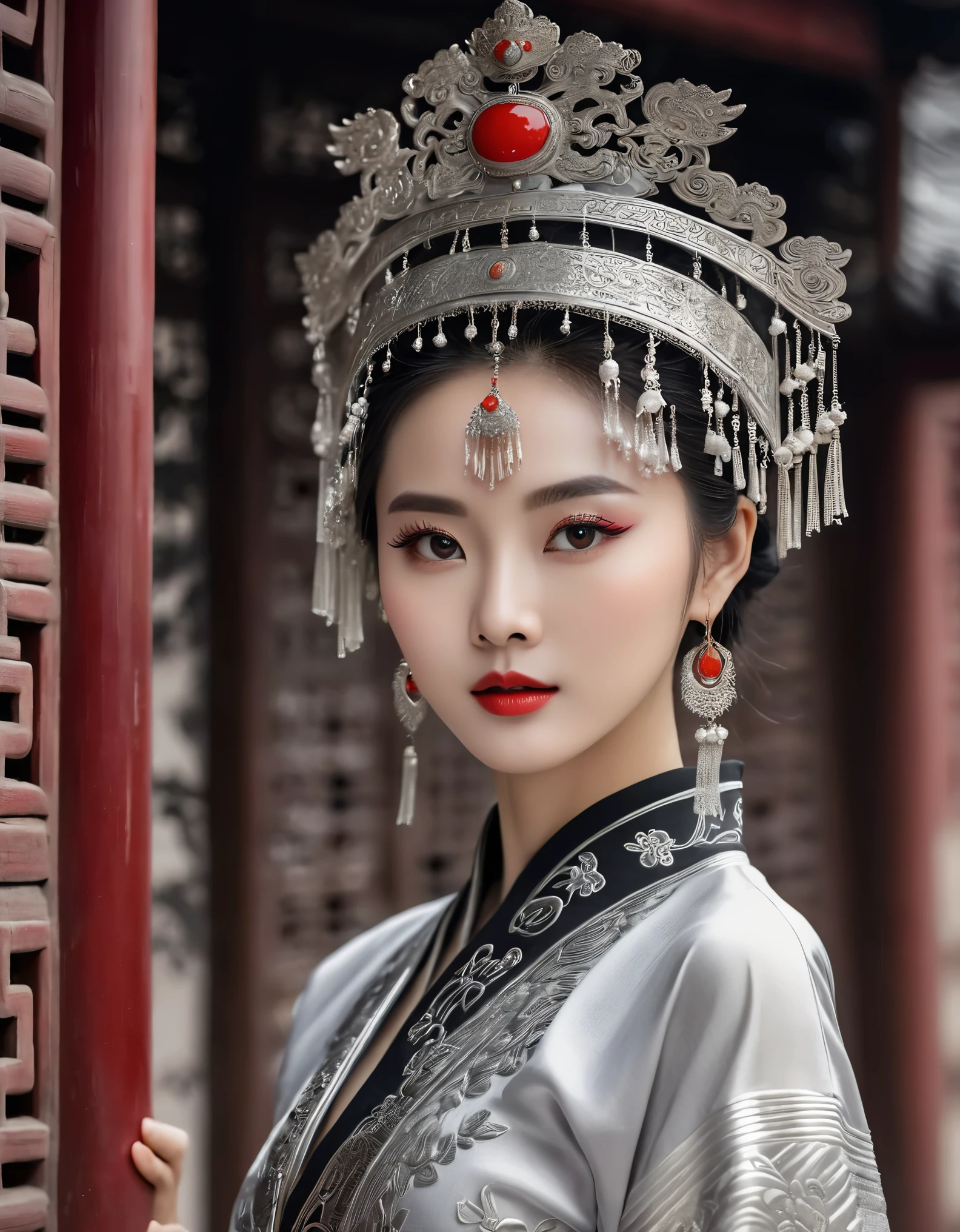 (masterpiece，high quality，8k).（Beautiful，Lengyan，The most beautiful beautiful Chinese girl，Queen，Skin details，Bright Eyes，Fine lashes，unique，Gaze at the viewer），（miao，silver jewelry，Silver crown：1.5，silver tassel，Silver texture，silver luster），Upper body，long sleeves，Sit in the doorway，（dark ethnic wear，long skirt：1.2，waist，Black and red linen fabric detail，miao服饰特点，totem），Background of ancient Chinese architecture，light and shadow，Actual situation，prospect