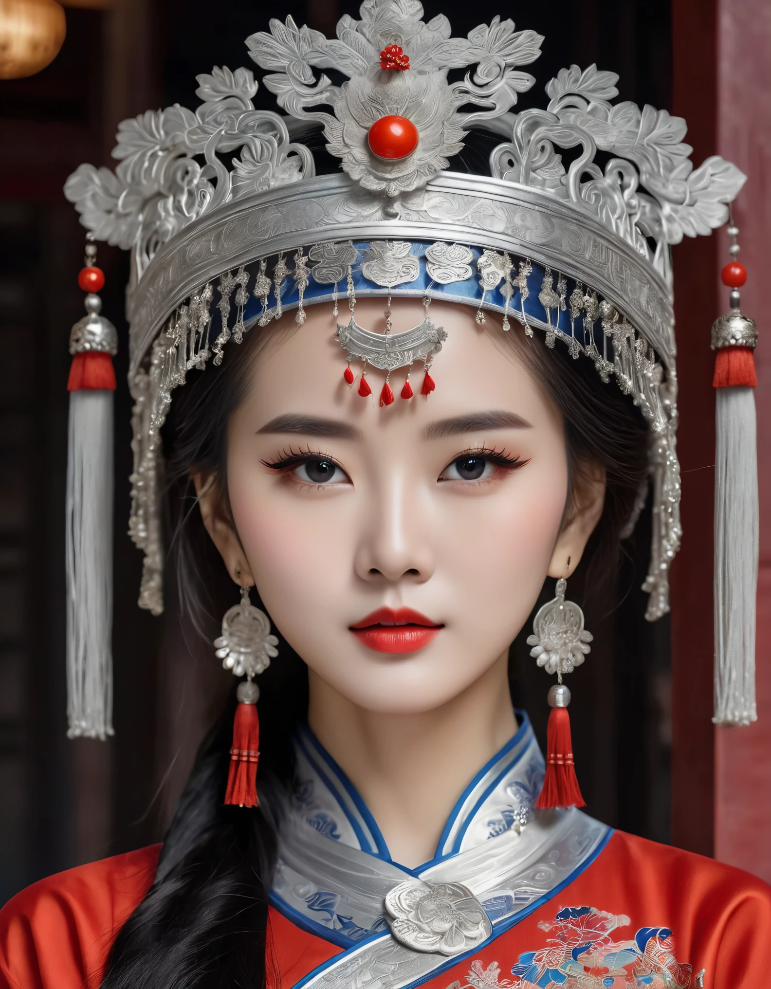 (masterpiece，high quality，8k).（Beautiful，Lengyan，The most beautiful beautiful Chinese girl，Queen，Skin details，Bright Eyes，Fine lashes，unique，Gaze at the viewer），（miao，silver jewelry，silver hat crown：1.5，silver tassel，Silver texture，silver luster），Upper body，long sleeves，Sit in the doorway，（dark ethnic wear，long skirt：1.2，waist，Black and red linen fabric detail，miao服饰特点，totem），Background of ancient Chinese architecture，light and shadow，Actual situation，prospect