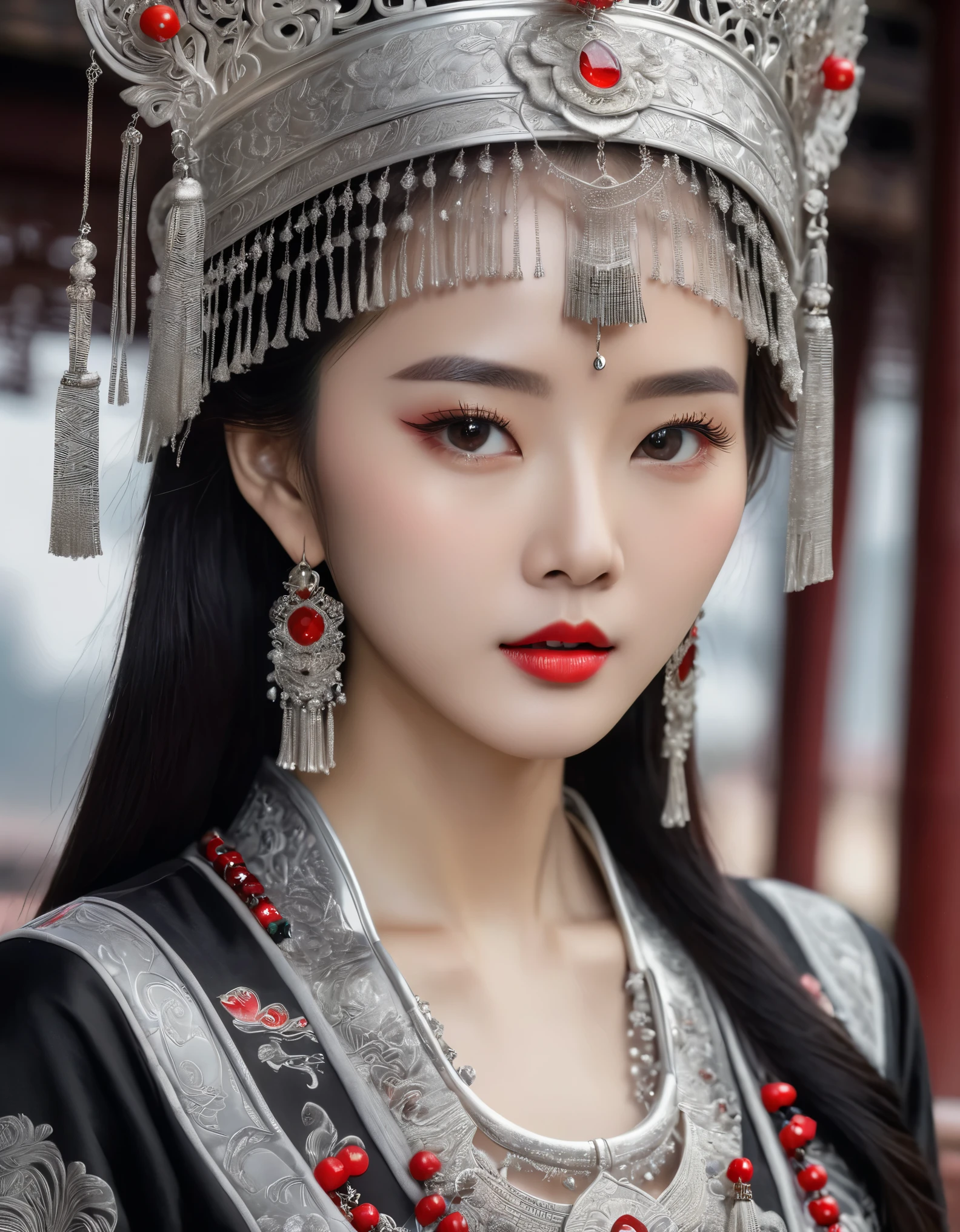 (masterpiece，high quality，8k).（Beautiful，Lengyan，The most beautiful beautiful Chinese girl，Queen，Skin details，Bright Eyes，Fine lashes，unique，Gaze at the viewer），（miao：1.5，silver jewelry：1.2，silver hat crown：1.5，silver tassel：1.37，silver collar，Silver texture，silver luster），Upper body，long sleeves，（dark ethnic wear，long skirt：1.2，waist，Black and red linen fabric detail，miao服饰特点，totem），