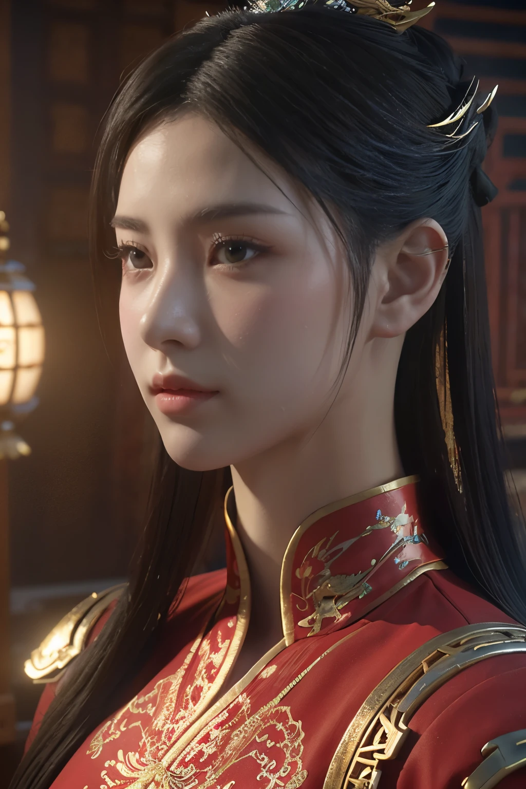 Masterpiece,Game art,The best picture quality,Highest resolution,8K,(Portrait:1.5),Unreal Engine 5 rendering works,(Digital Photography),
Girl,Beautiful pupil,(Gradual short hair is blue and red),Busty,(Big breasts),
(A female general in the ancient fantasy style),(Future combat dress combined with Chinese fantasy style clothing,Chinese style Han costume),Ribbon,Ancient magic patterns glow,Armor rich in detail,(Ancient fantasy),
Movie lights，Ray tracing，Game CG，((3D Unreal Engine))，OC rendering reflection pattern