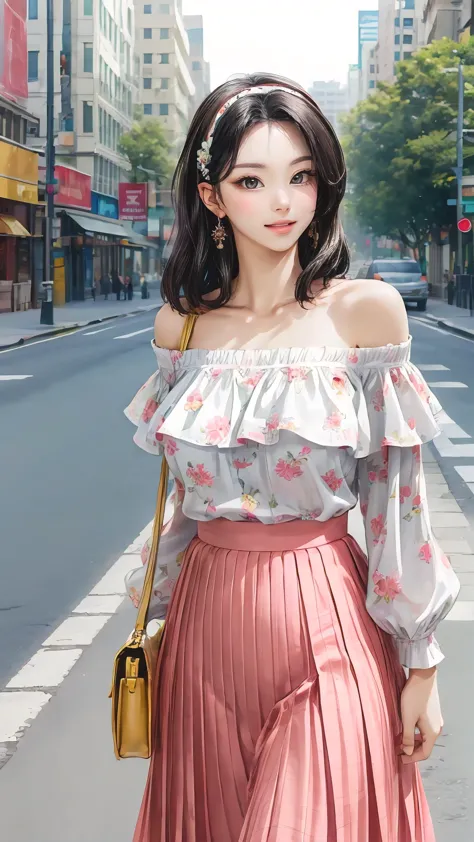 (best quality, masterpiece:1.2), perfect body, slim waist, nice breasts, off-shoulder printed blouse, hairband, pleated skirt, c...