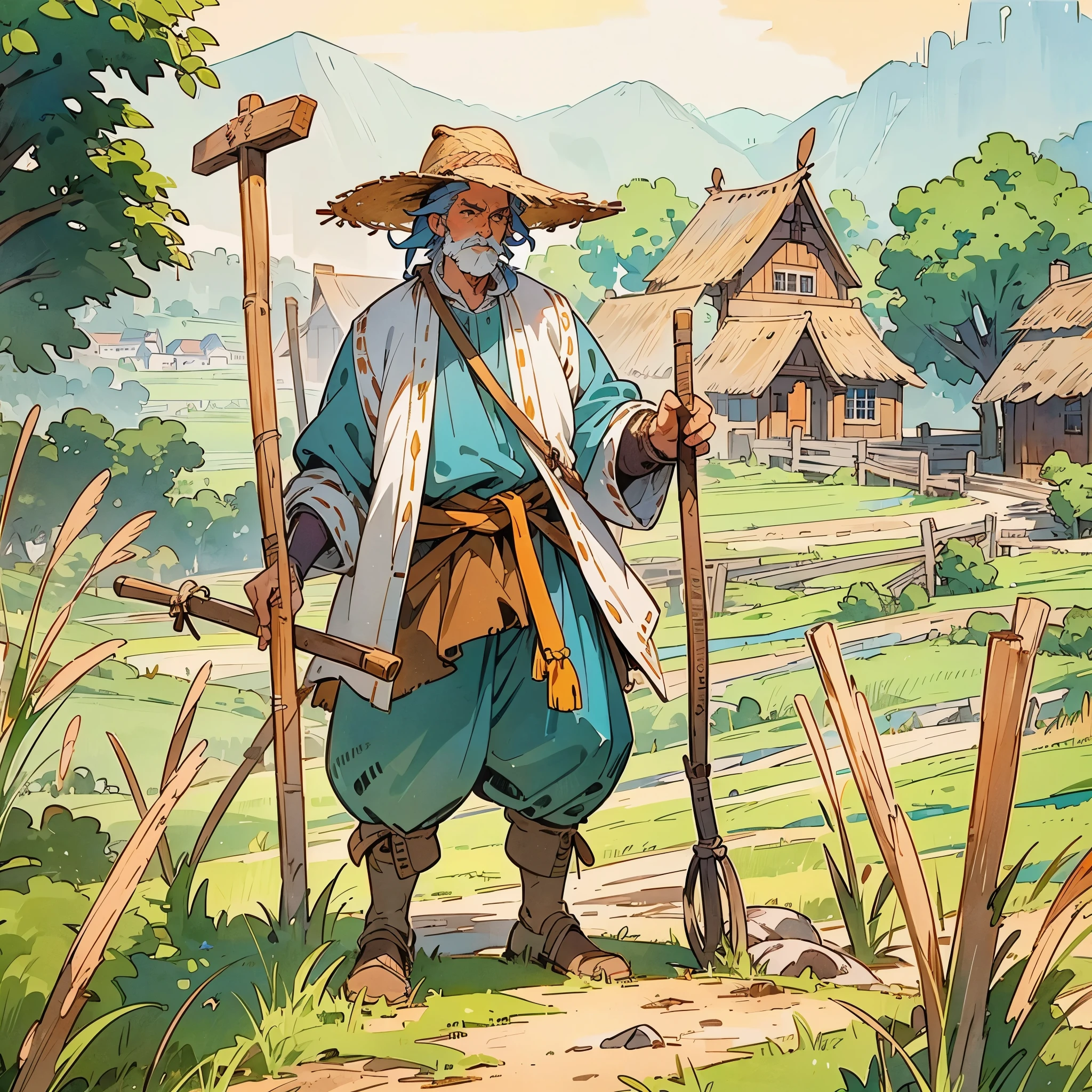 a middle-aged man，European medieval peasant costumes，wearing straw hat，Wearing tattered cloth，holding a hoe，working in farmland。Medium shot composition，full body picture，characters and scenes，Game concept art style，Anime illustration style，watercolor style，Marker style，high-definition，4k。