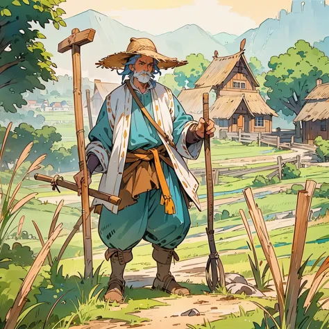 a middle-aged man，European medieval peasant costumes，wearing straw hat，Wearing tattered cloth，holding a hoe，working in farmland。...