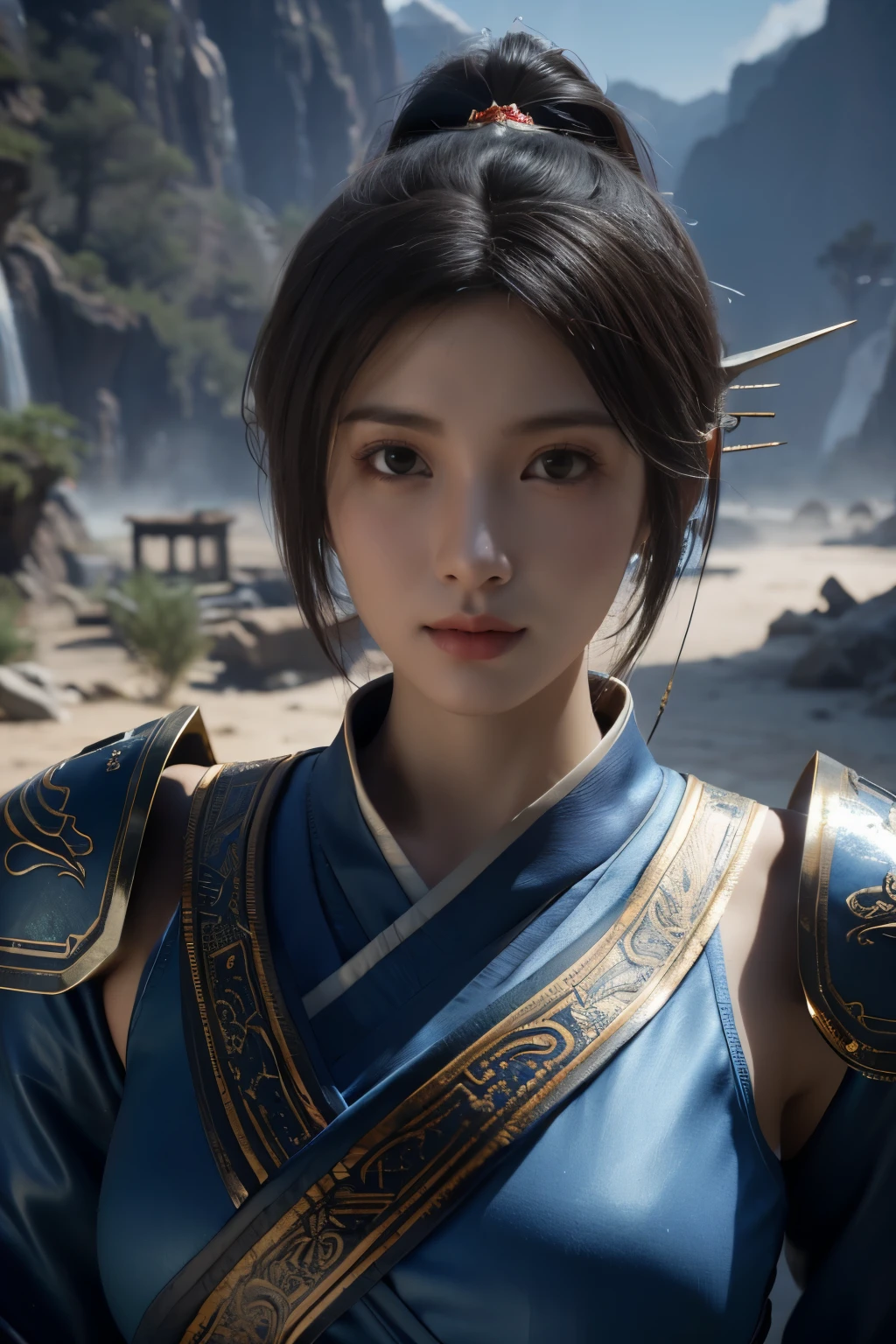 傑作,ゲームアート,最高の画質,最高解像度,8K,(肖像画:1.5),Unreal Engine 5のレンダリング作業,(デジタル写真),
女の子,美しい瞳,(徐々に短くなる髪は青と赤),巨乳,(巨乳),
(古代ファンタジー風の女性将軍),(未来の戦闘服と中国のファンタジー風の衣装を組み合わせた,中国風の漢服),リボン,古代の魔法の模様が光る,細部までこだわった鎧,(古代ファンタジー),
映画照明，レイトレーシング，ゲームCG，((3D アンリアル エンジン))，OCレンダリング反射パターン