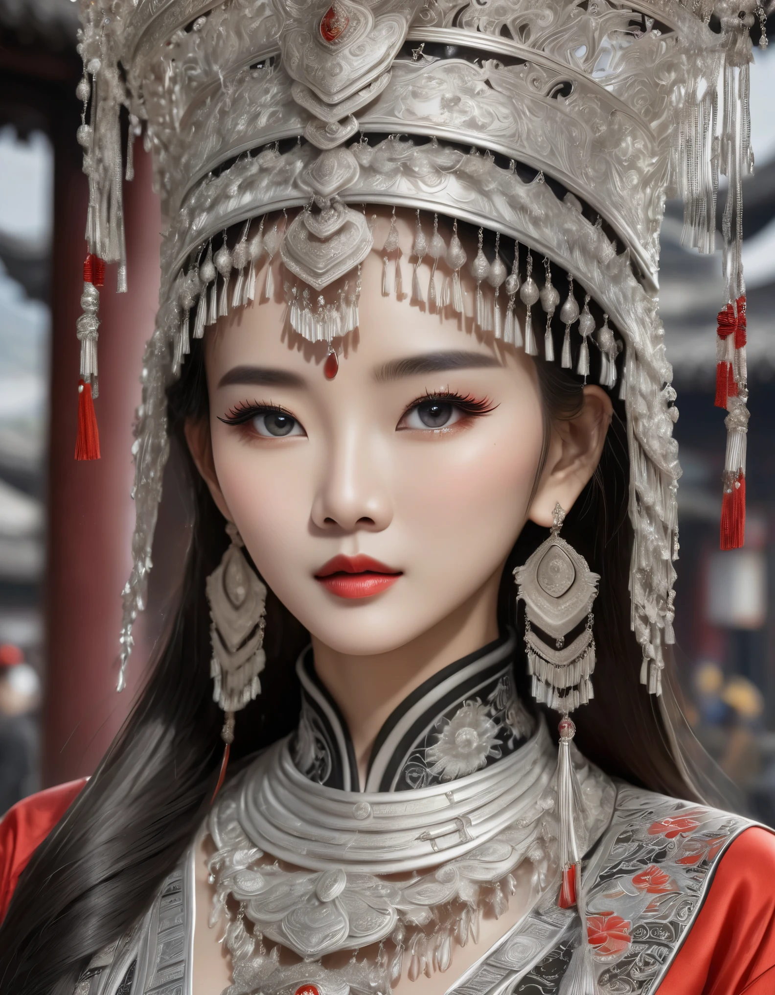 (best quality,8K,masterpiece:1.2),stunning,gorgeous Chinese girl,queen,detailed skin details,bright eyes,gorgeous eyelashes,standing alone,looking at the audience,minority:1.5,silver jewelry:1.2,silver hat crown:1.5,silver tassels:1.37,silver necklace,silver texture,silver sheen,upper body,long sleeves,dark ethnic attire,long skirt:1.2,waist,details of black and red linen fabric,characteristics of Miao ethnic attire,totem)