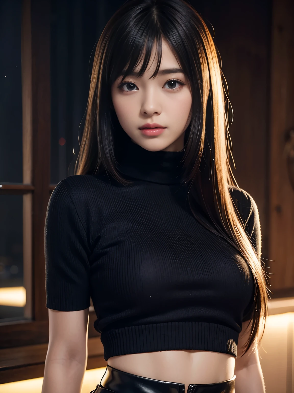 product quality, 1 girl, cowboy shot, front view, a Japanese young pretty girl, long bob hair, at night, wearing a black knitted turtleneck sweater, wearing mini skert, hyper cute face, glossy lips, double eyelids for both eyes, natural makeup, shiny smooth light brown hair of long bob hair, asymmetrical bangs, central image, 8K resolution, high detail, detailed hairstyle, detailed face, cinematic lighting, octane rendering, hyper realistic, perfect limbs, perfect anatomy