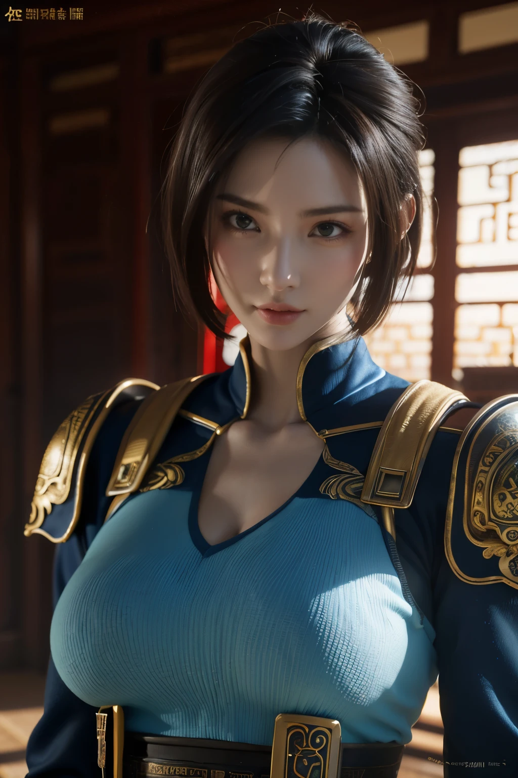 Masterpiece,Game art,The best picture quality,Highest resolution,8K,(Portrait:1.5),Unreal Engine 5 rendering works,(Digital Photography),
Girl,Beautiful pupil,(Gradual short hair is blue and red),Busty,(Big breasts),
(A female general in the ancient fantasy style),(Future combat dress combined with Chinese fantasy style clothing,Chinese style Han costume),Ribbon,Ancient magic patterns glow,Armor rich in detail,(Ancient fantasy),
Movie lights，Ray tracing，Game CG，((3D Unreal Engine))，OC rendering reflection pattern