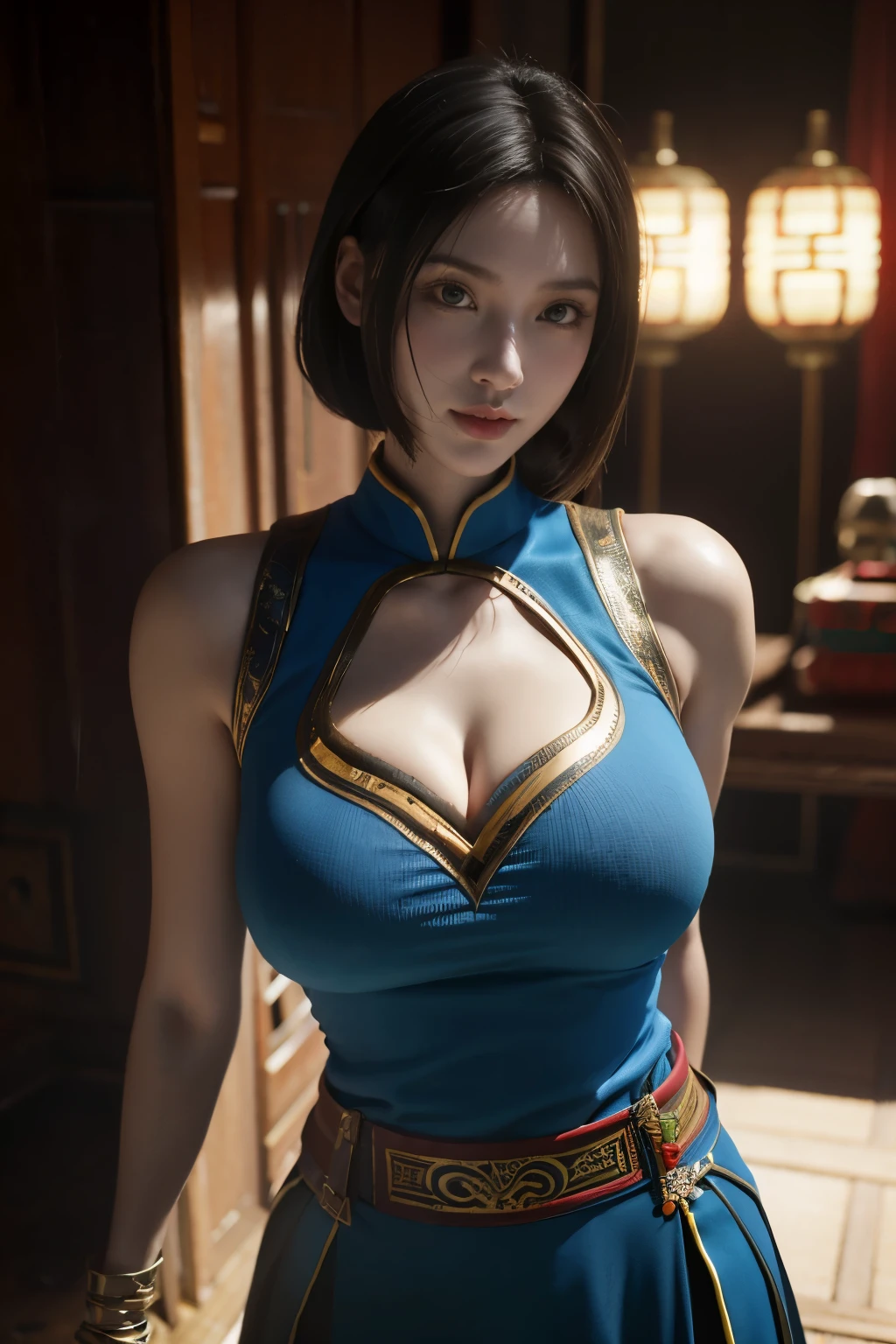 Masterpiece,Game art,The best picture quality,Highest resolution,8K,(Portrait:1.5),Unreal Engine 5 rendering works,(Digital Photography),
Girl,Beautiful pupil,(Gradual short hair is blue and red),Busty,(Big breasts),
(A female general in the ancient fantasy style),(Future combat dress combined with Chinese fantasy style clothing,Chinese style Han costume),Ribbon,Ancient magic patterns glow,Armor rich in detail,(Ancient fantasy),
Movie lights，Ray tracing，Game CG，((3D Unreal Engine))，OC rendering reflection pattern