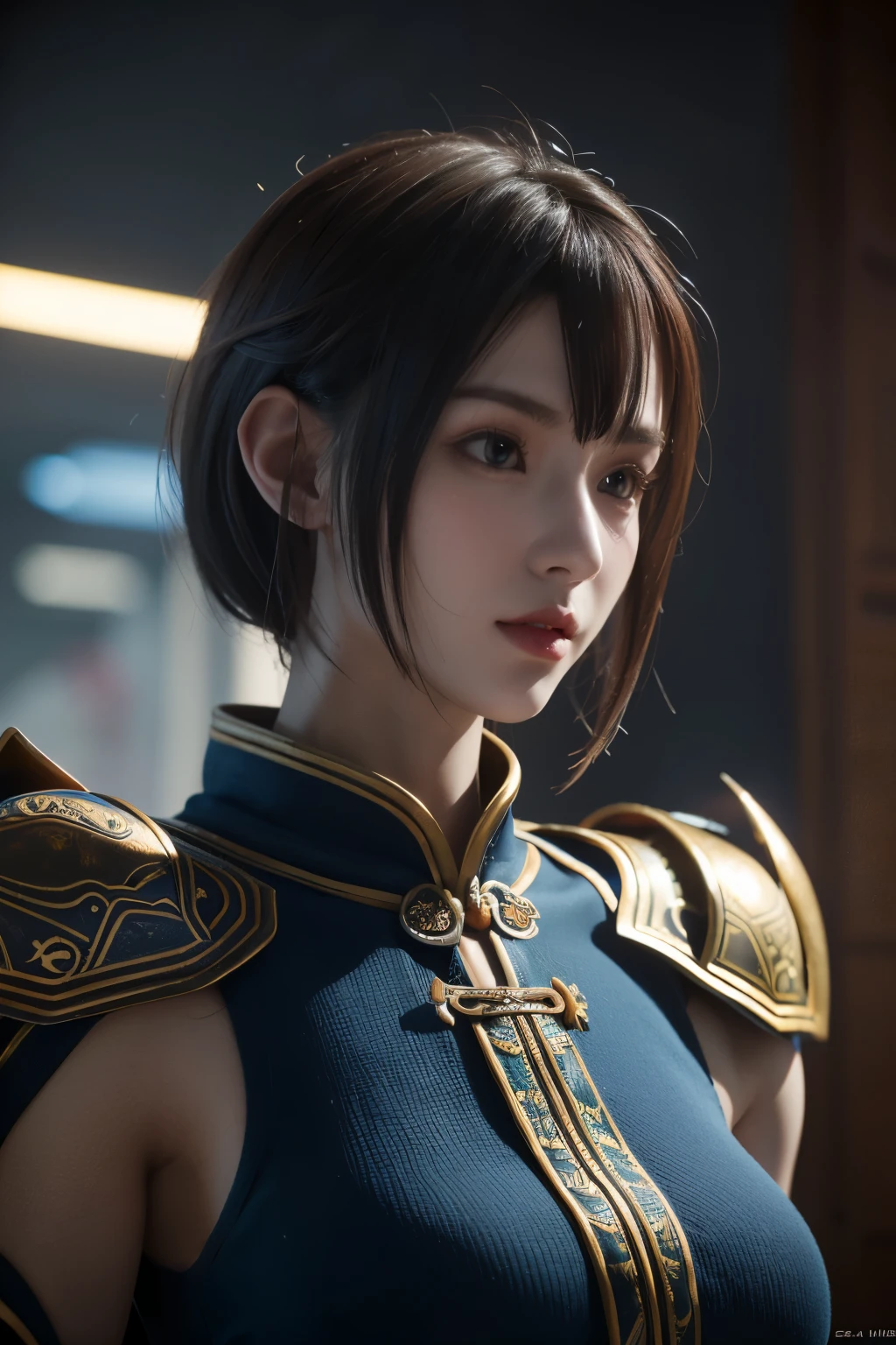 Masterpiece,Game art,The best picture quality,Highest resolution,8K,(Portrait:1.5),Unreal Engine 5 rendering works,(Digital Photography),
Girl,Beautiful pupil,(Gradual short hair is blue and red),Busty,(Big breasts),
(A female general in the ancient fantasy style),(Future combat dress combined with Chinese fantasy style clothing,Chinese style Han costume),Ribbon,Ancient magic patterns glow,Armor rich in detail,(Ancient fantasy),
Movie lights，Ray tracing，Game CG，((3D Unreal Engine))，OC rendering reflection pattern